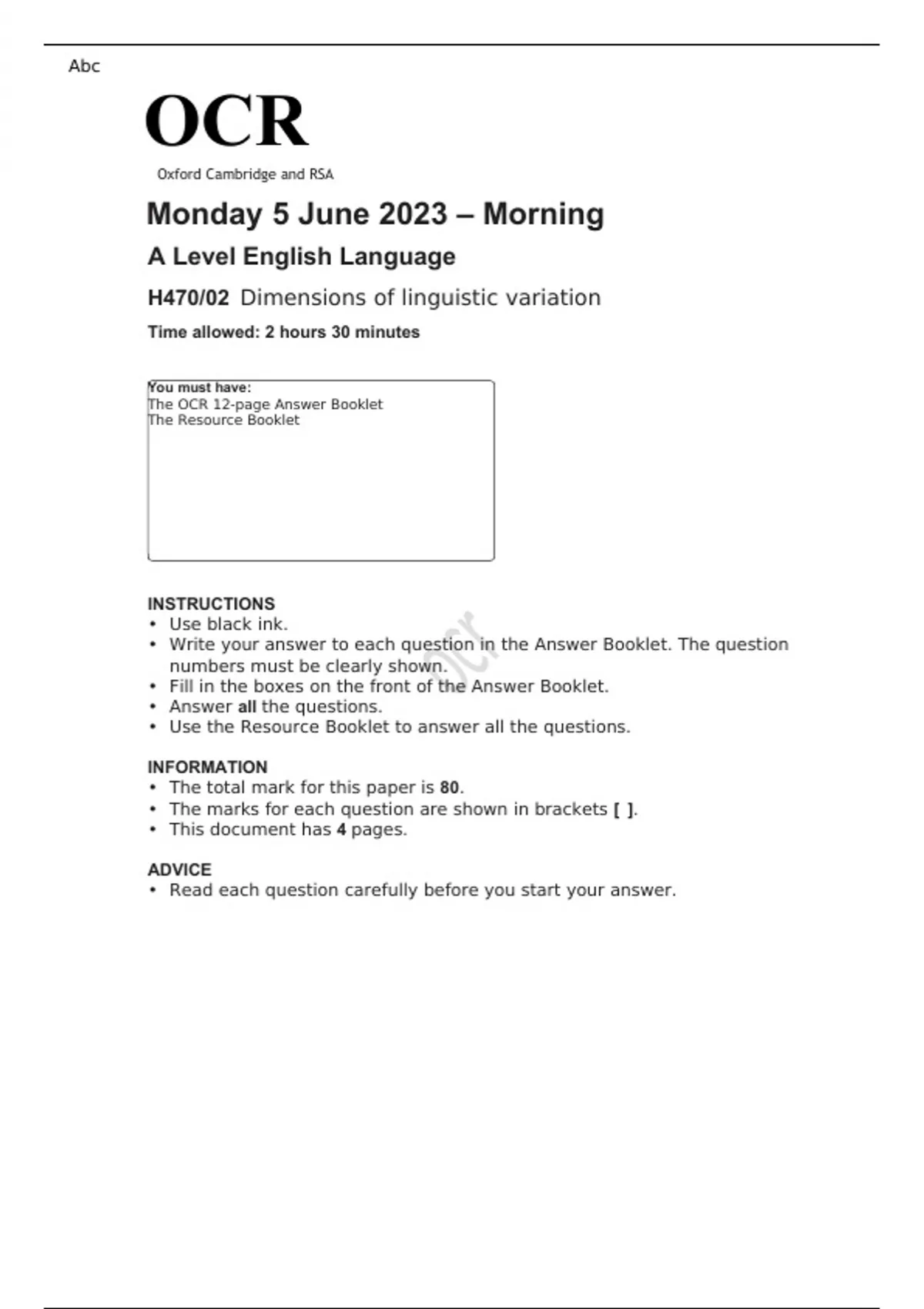 OCR A Level English Language PAPER 1 and 2 JUNE 2023 QUESTION PAPERS ...