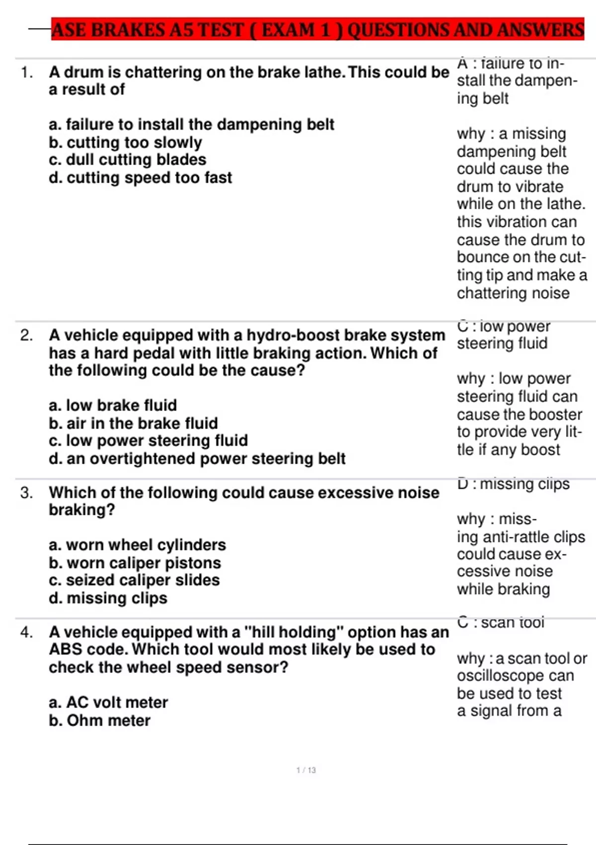 ASE BRAKES A5 TEST ( EXAM 1 ) QUESTIONS AND ANSWERS - ASE BRAKES ...
