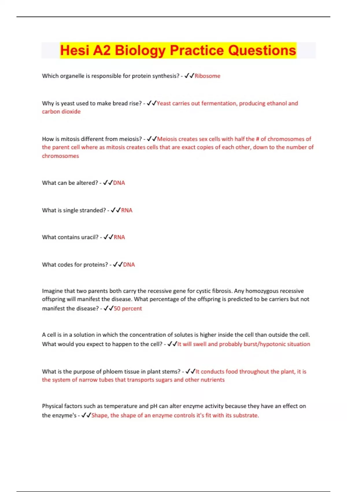 Hesi A2 Biology | Questions with 100% Correct Answers | Latest Update ...