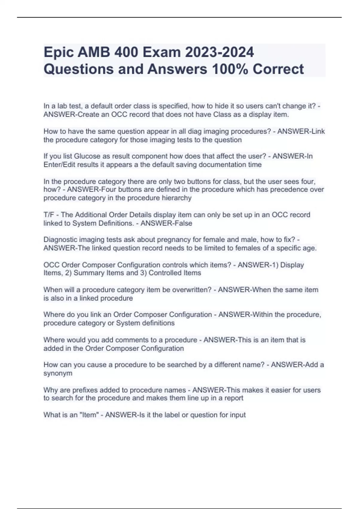 Epic AMB 400 Exam Questions and Answers 100 Correct Epic AMB 400