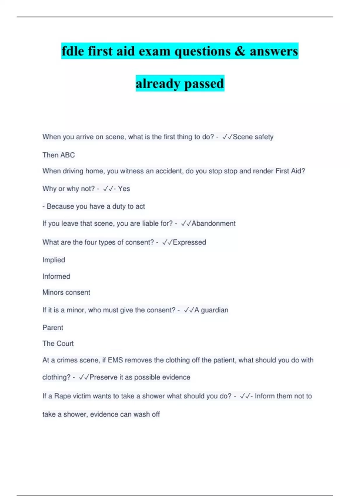 fdle first aid exam questions & answers already passed Stuvia US