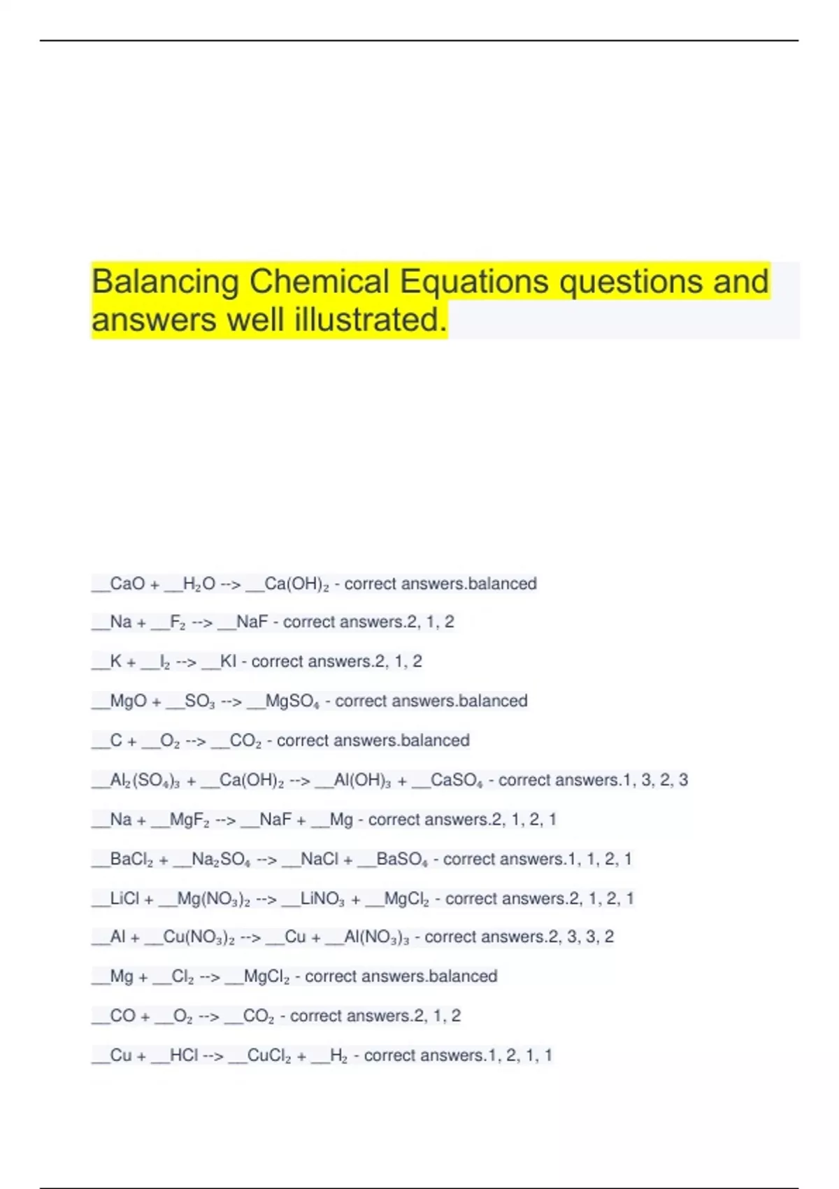 Balancing Chemical Equations Worksheet Problems And Answers Balancing