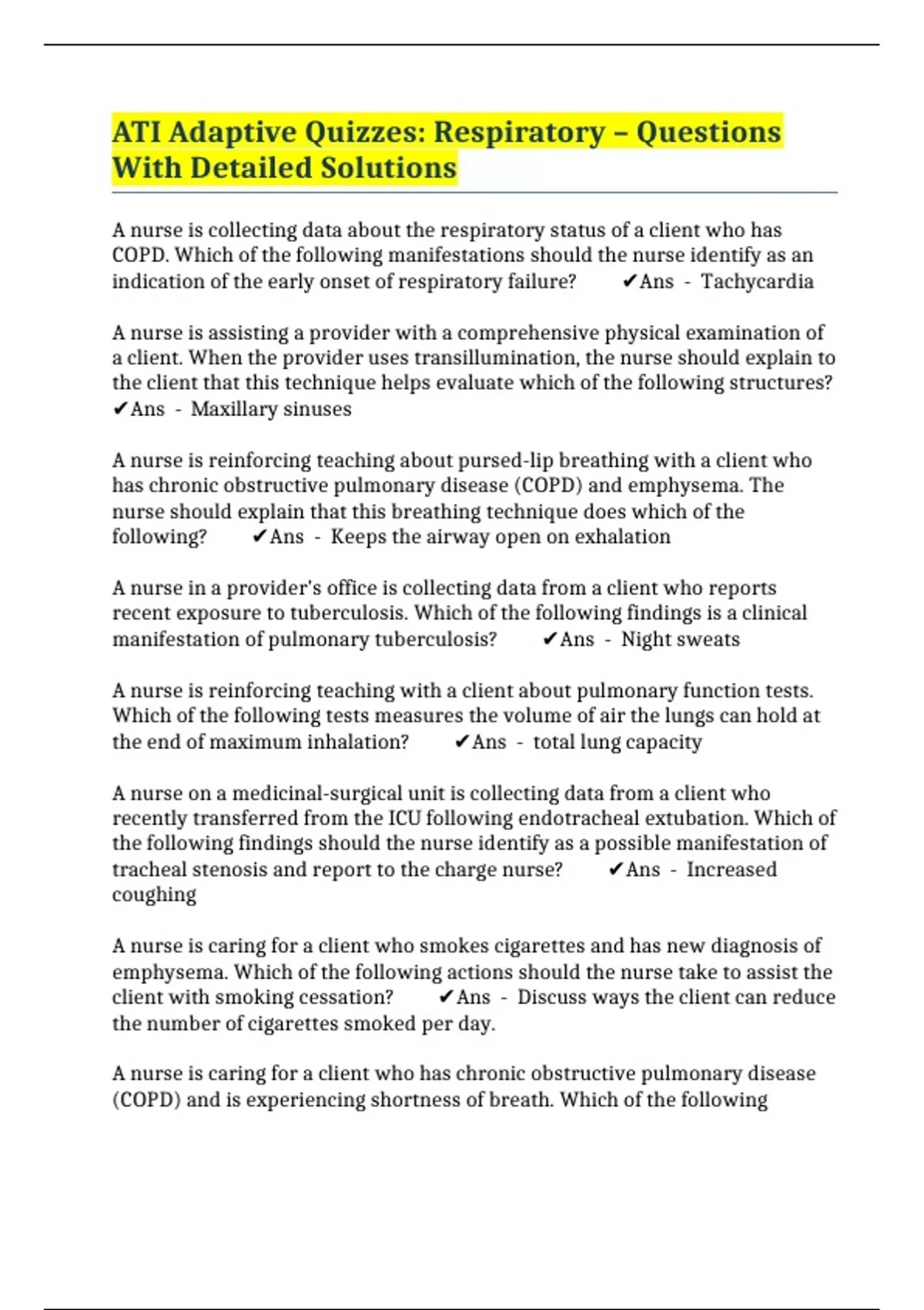 ATI Adaptive Quizzes Respiratory Questions With Detailed Solutions