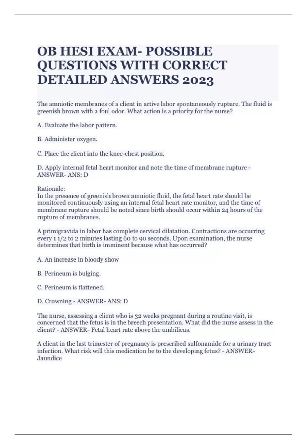 OB HESI EXAM- POSSIBLE QUESTIONS WITH CORRECT DETAILED ANSWERS 2023 ...