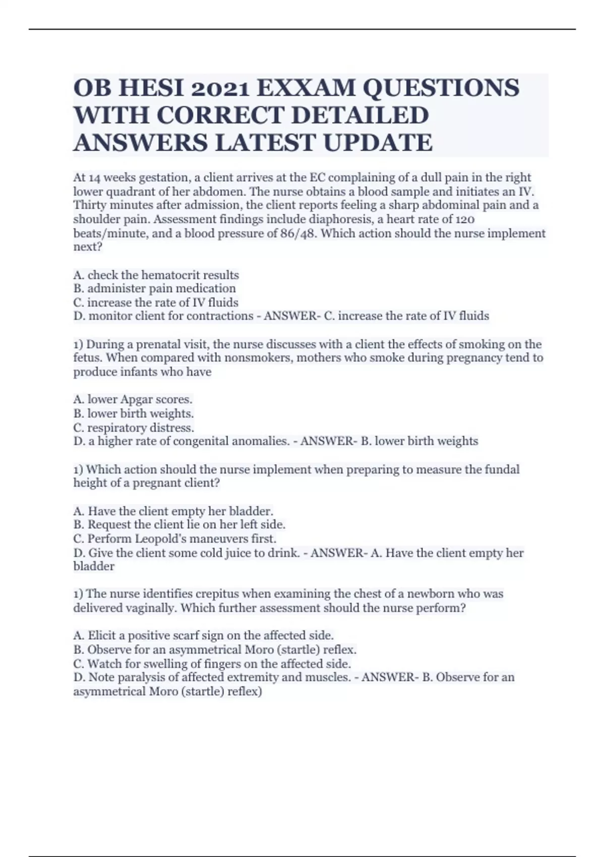 OB HESI 2021 EXXAM QUESTIONS WITH CORRECT DETAILED ANSWERS LATEST ...