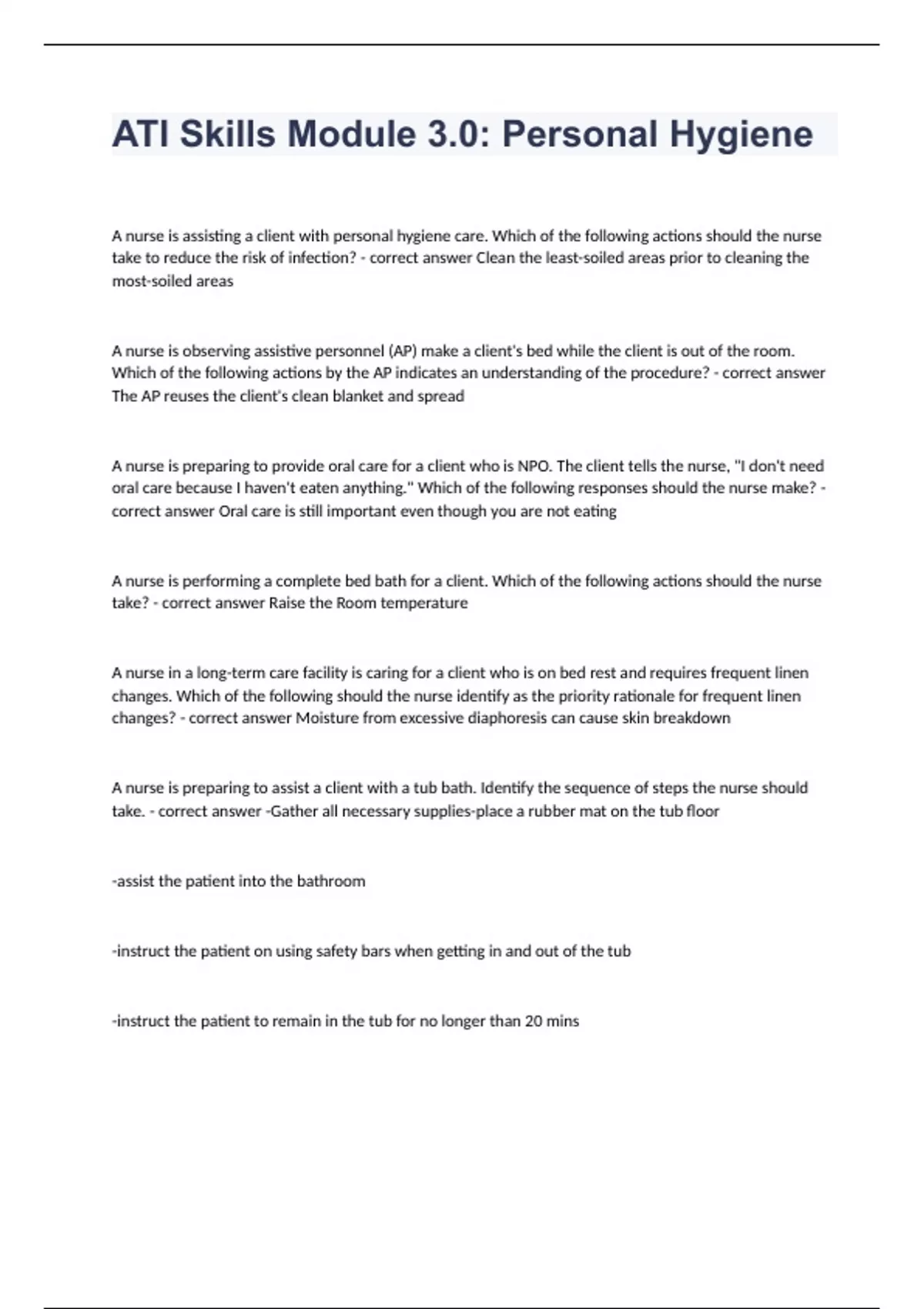ATI Skills Module 3.0 Personal Hygiene questions & answers 2023/2024