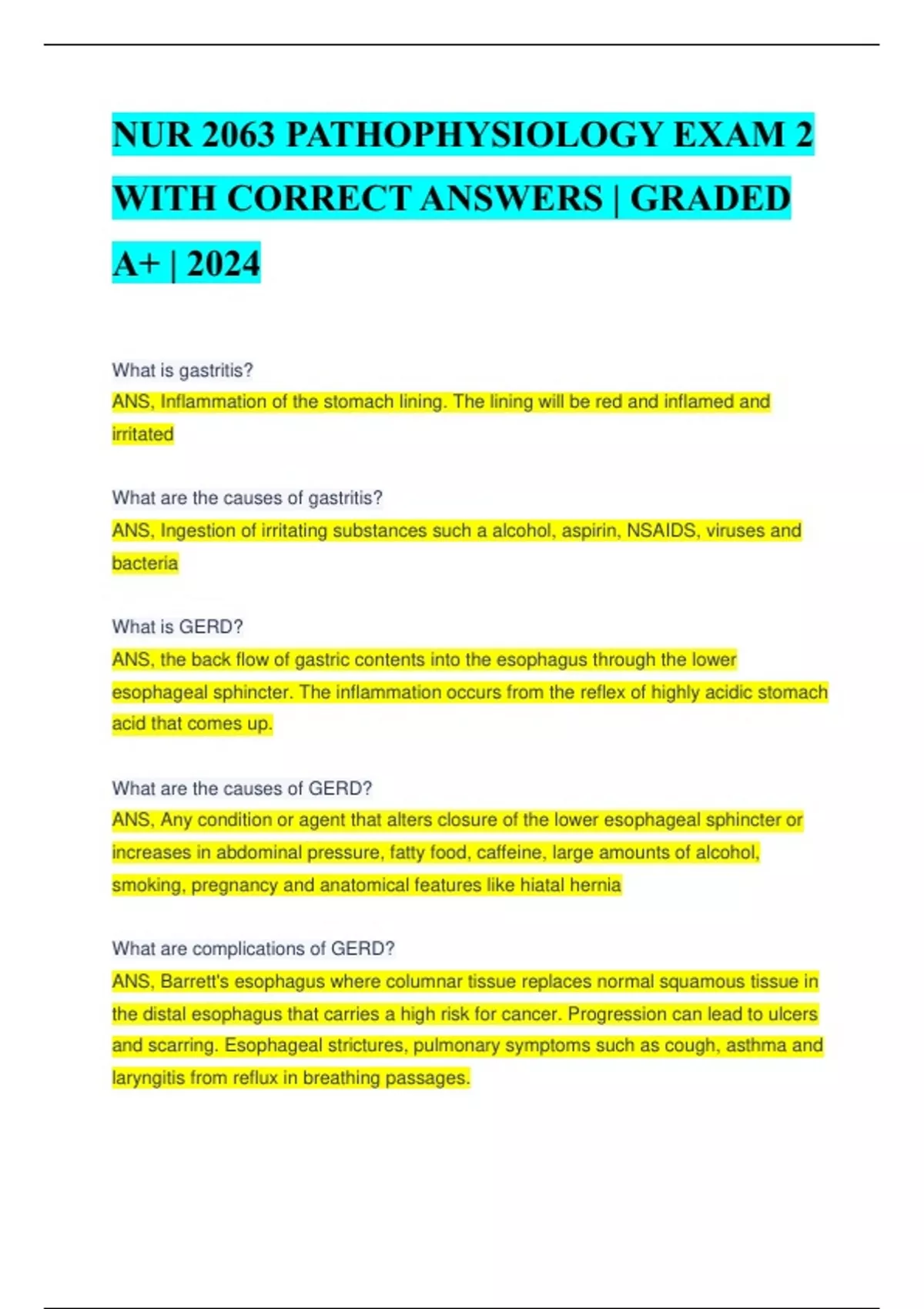NUR 2063 PATHOPHYSIOLOGY EXAM 2 WITH CORRECT ANSWERS | GRADED A+ | 2024 ...