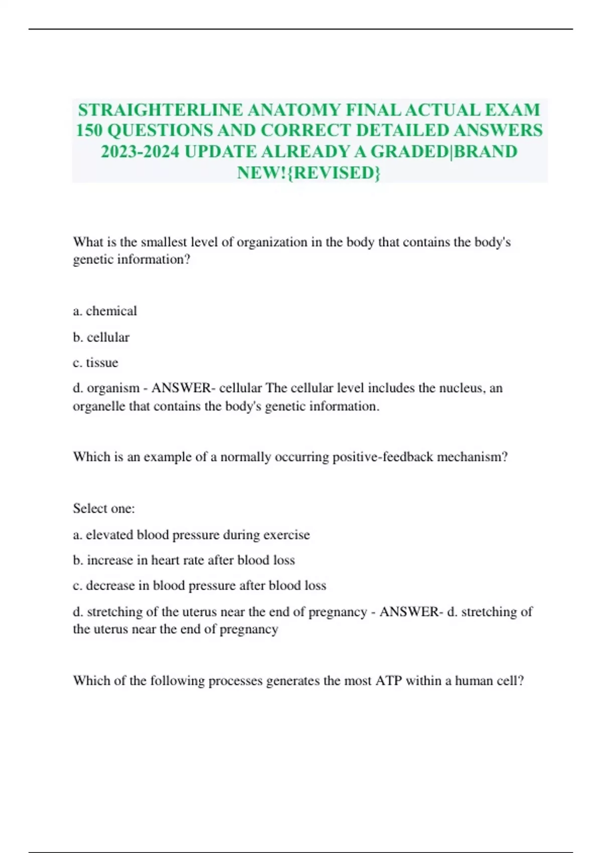 STRAIGHTERLINE ANATOMY FINAL ACTUAL EXAM 150 QUESTIONS AND CORRECT ...