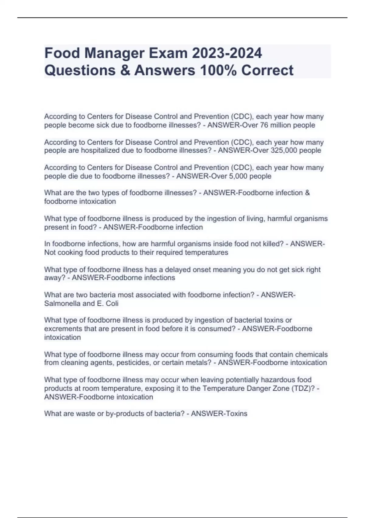 Food Manager Exam Questions & Answers 100 Correct Food Manager