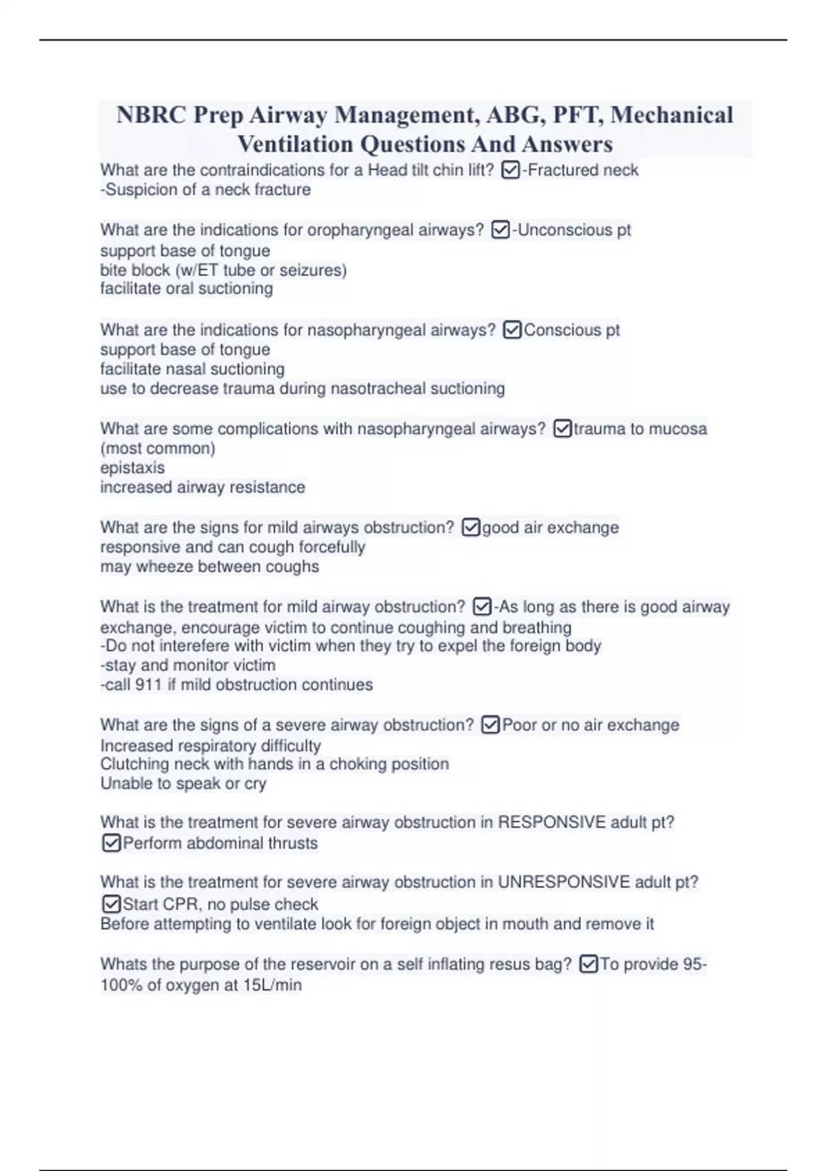 NBRC Prep Airway Management, ABG, PFT, Mechanical Ventilation Questions