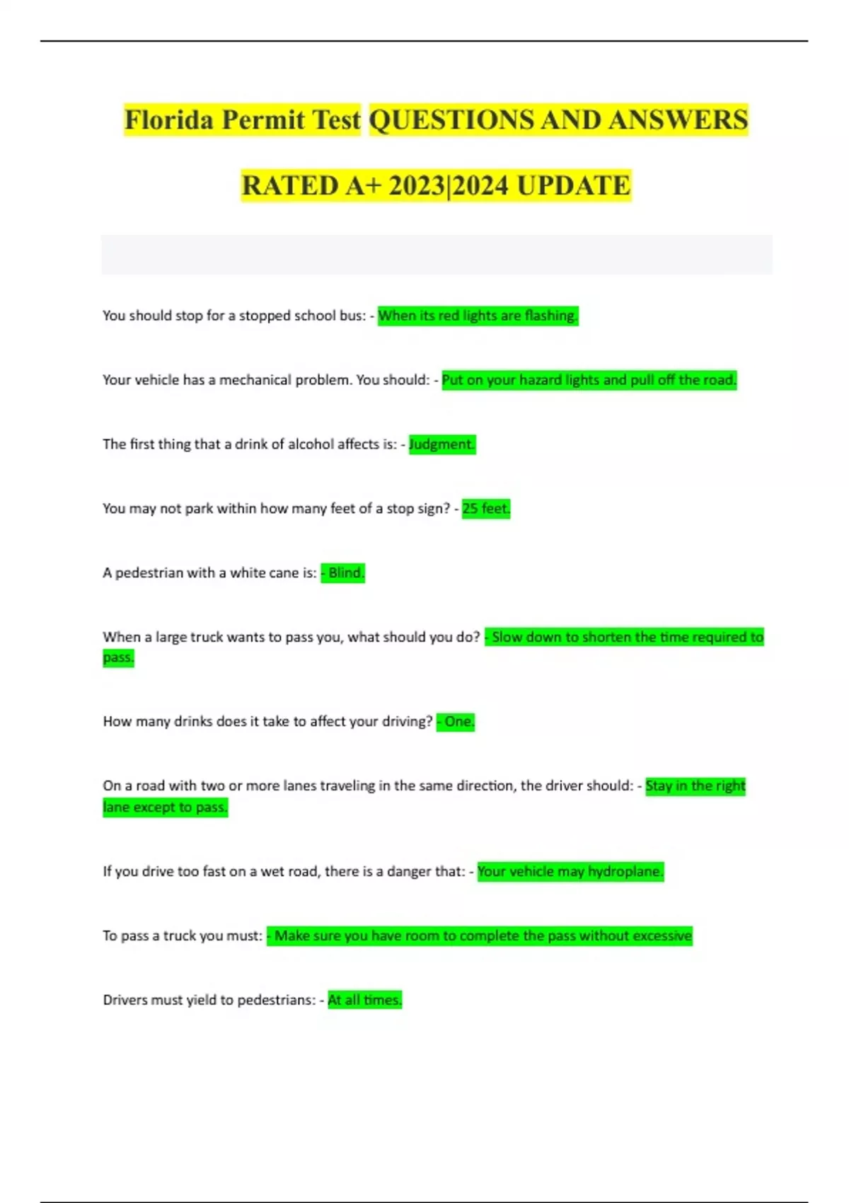 Florida Permit Test QUESTIONS AND ANSWERS RATED A+ 2023|2024 UPDATE