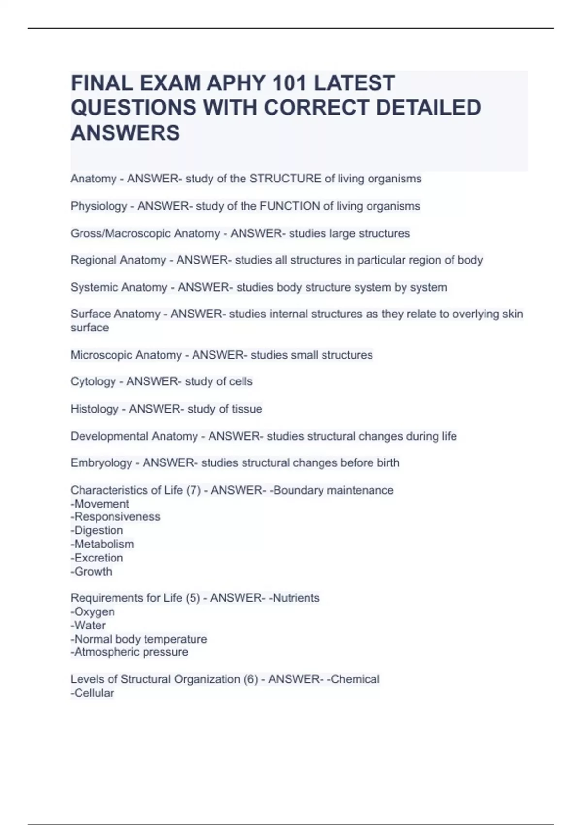 FINAL EXAM APHY 101 LATEST QUESTIONS WITH CORRECT DETAILED ANSWERS ...