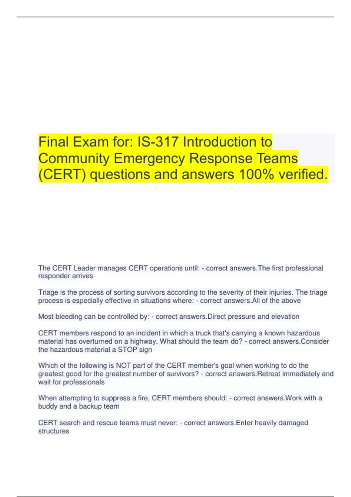 Final Exam for IS317 Introduction to Community Emergency Response