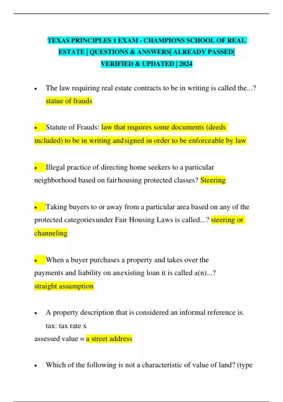 TEXAS PRINCIPLES 1 EXAM CHAMPIONS SCHOOL OF REAL ESTATE QUESTIONS & ANSWERS ALREADY PASSED