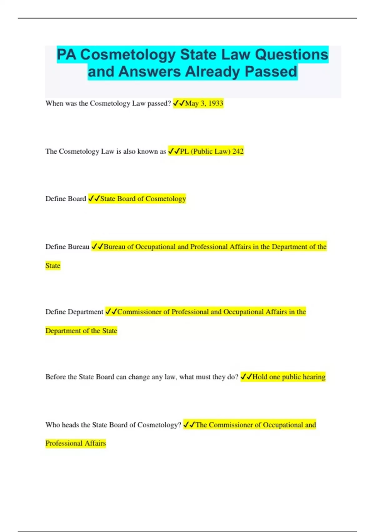 PA Cosmetology State Law Questions and Answers Already Passed Stuvia US