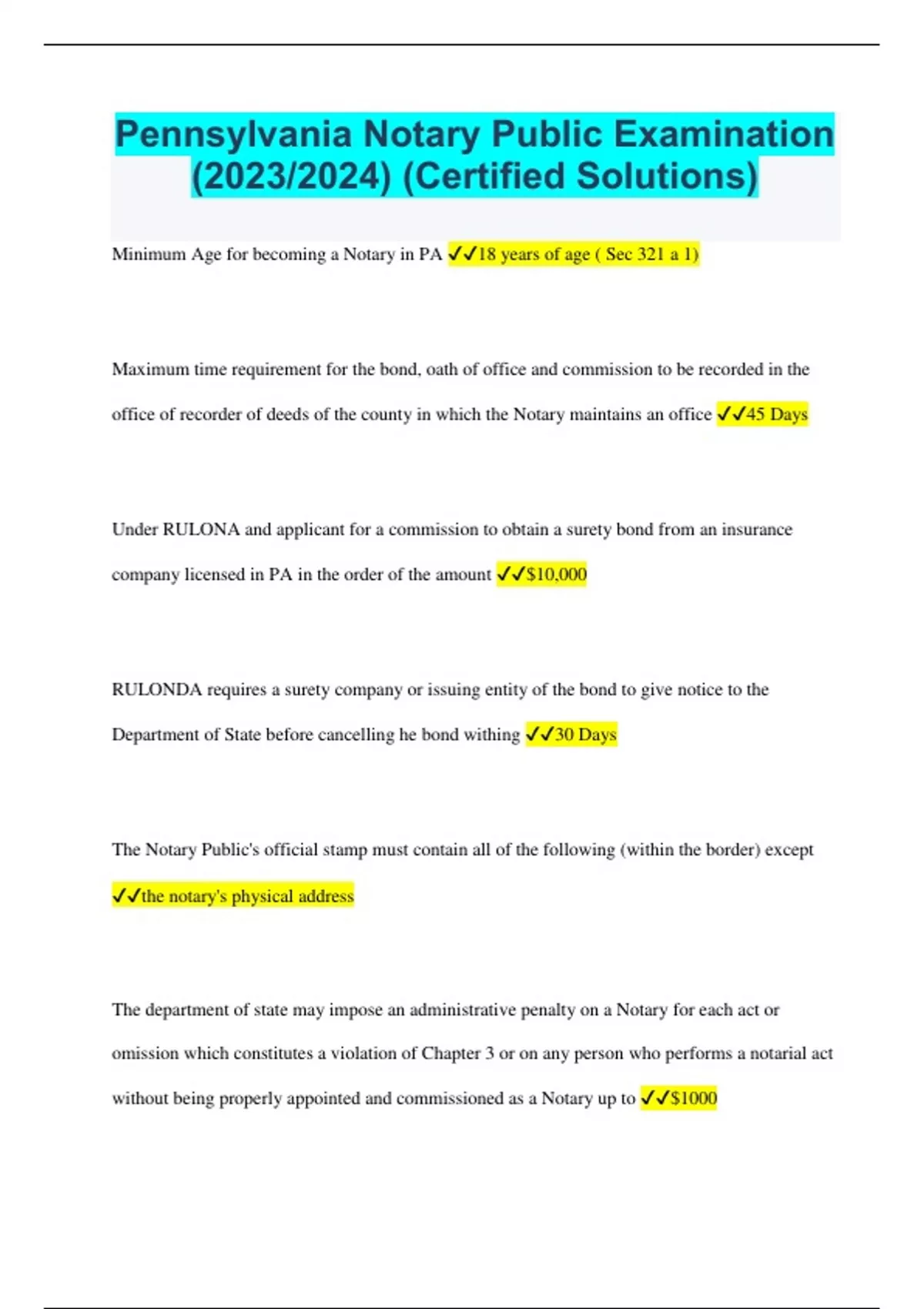 Pennsylvania Notary Public Examination (2023/2024) (Certified Solutions) Pennsylvania Notary