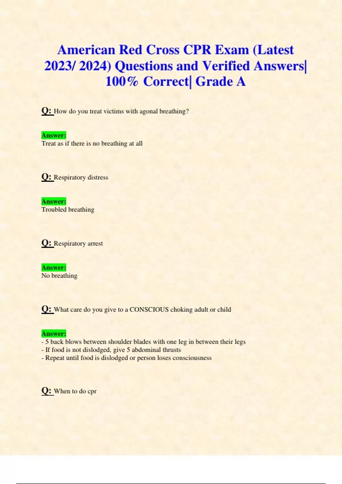 American Red Cross FirstAid/CPR/AED Exams (Latest 2023/ 2024 UPDATES ...