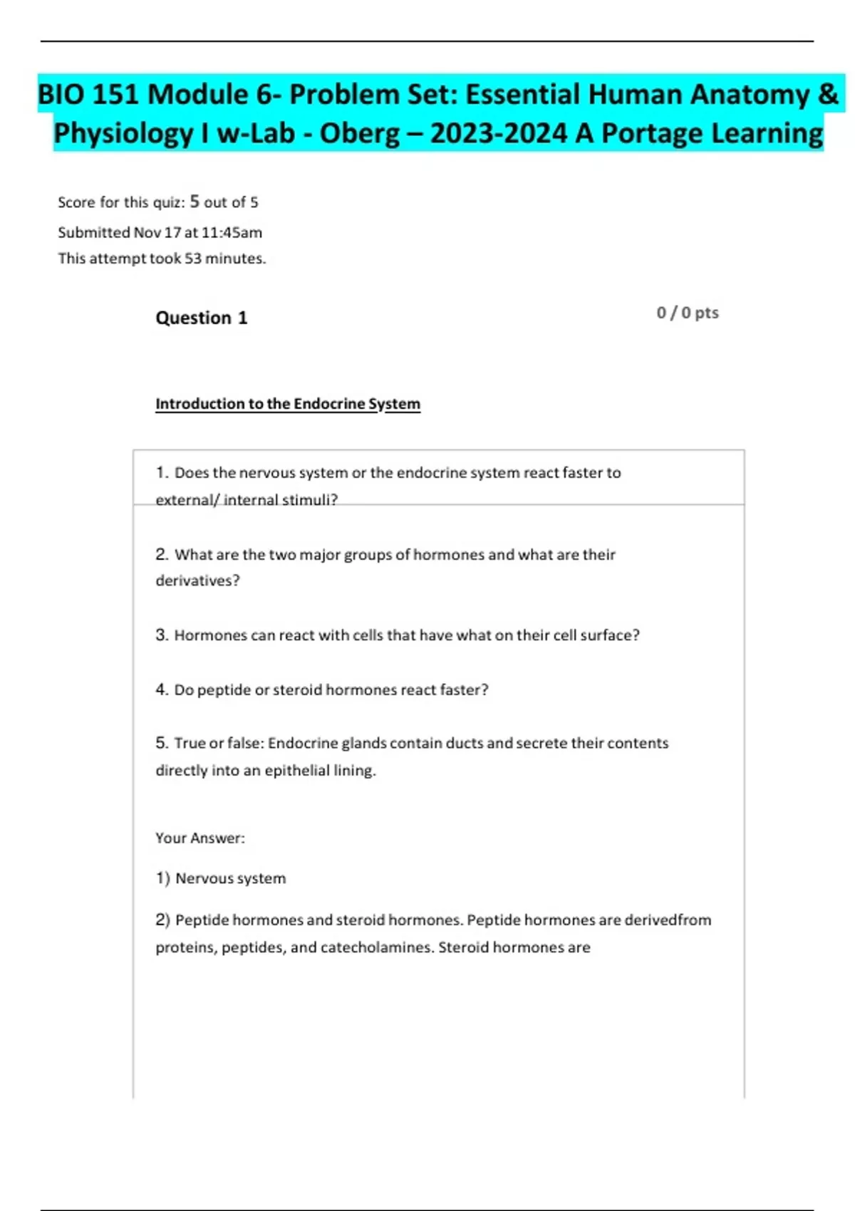 BIO 151 Module 6- Problem Set Essential Human Anatomy & Physiology I w ...