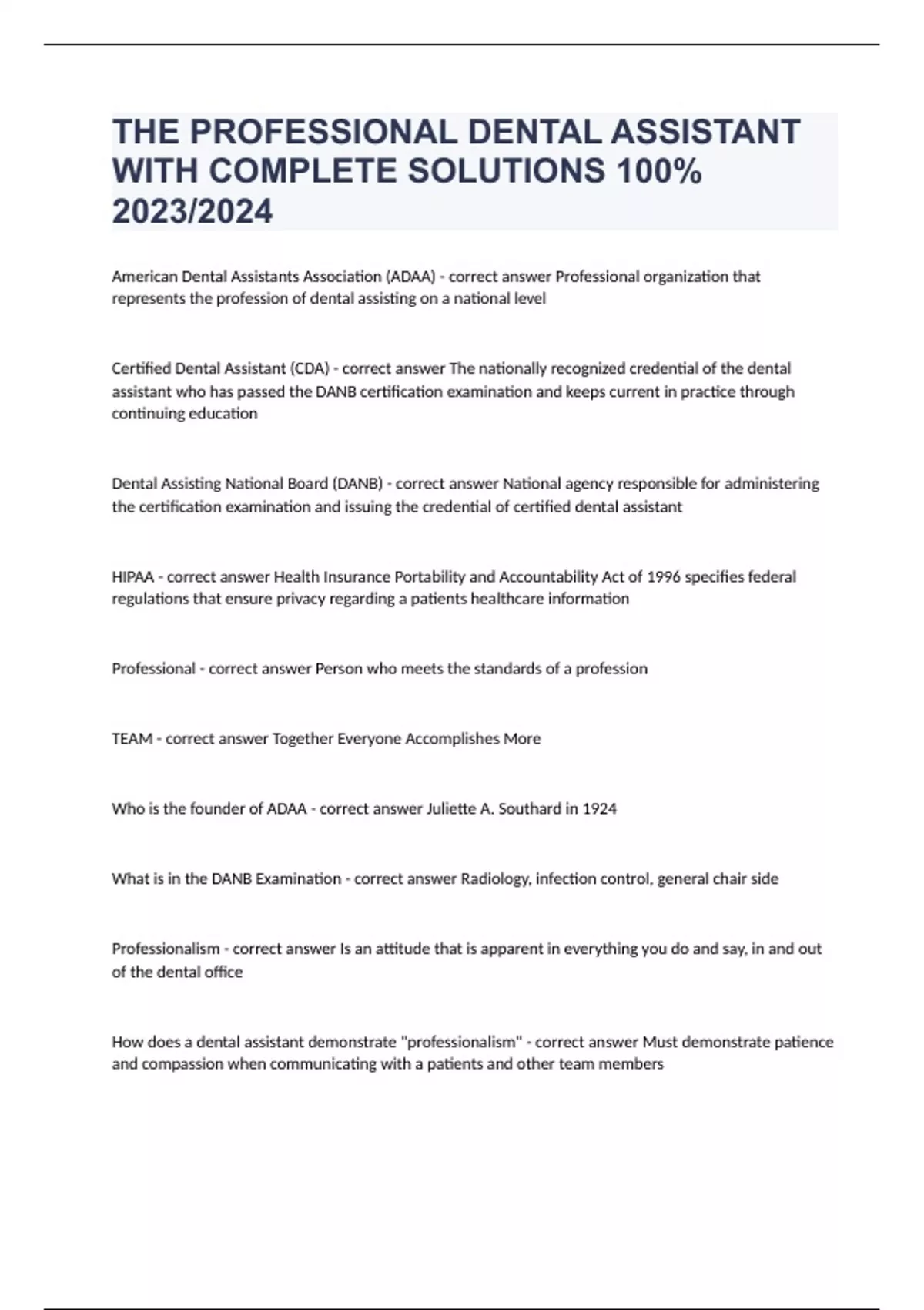 THE PROFESSIONAL DENTAL ASSISTANT WITH COMPLETE SOLUTIONS 100 2023/