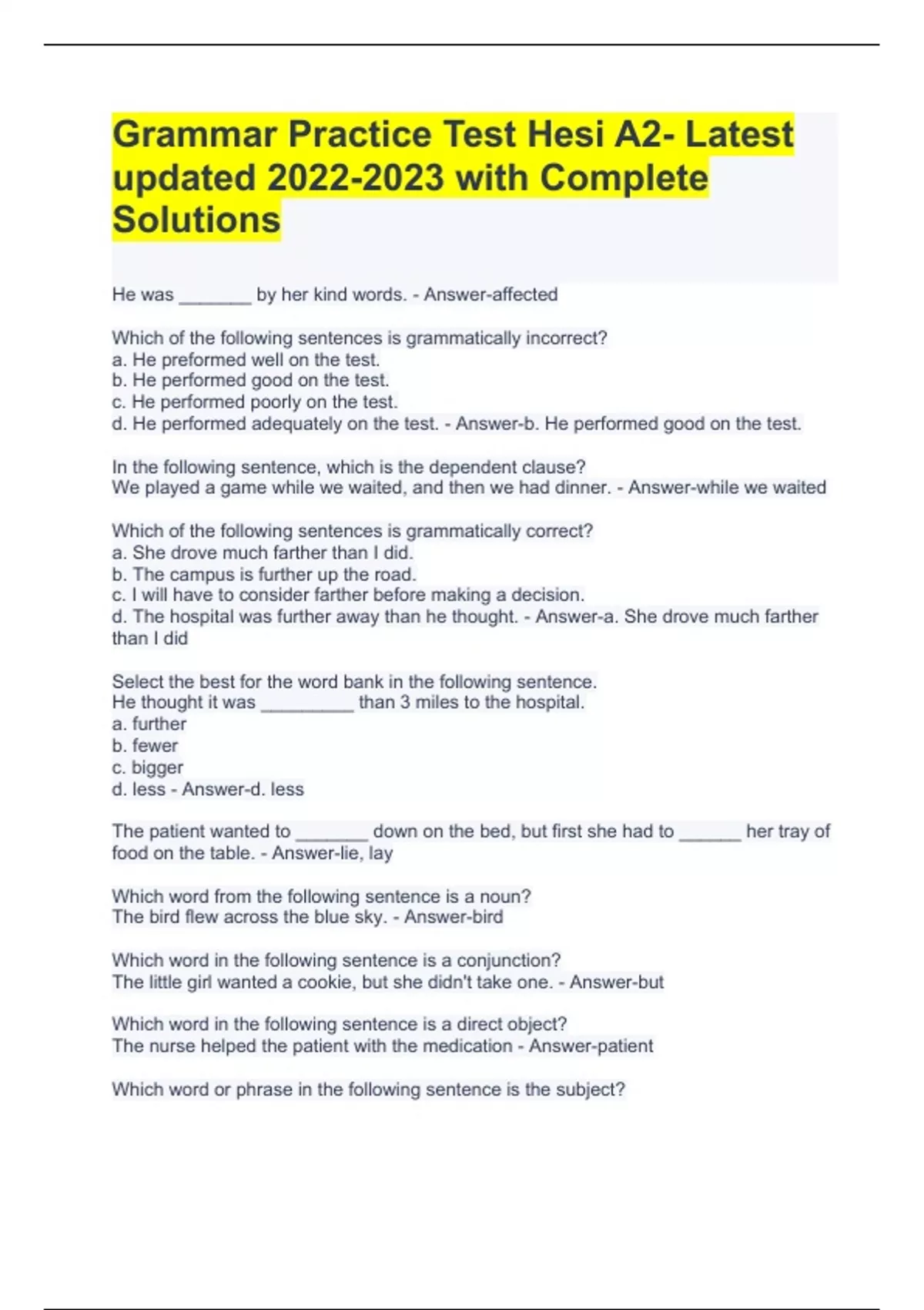 Grammar Practice Test Hesi A2- Latest updated with Complete Solutions ...