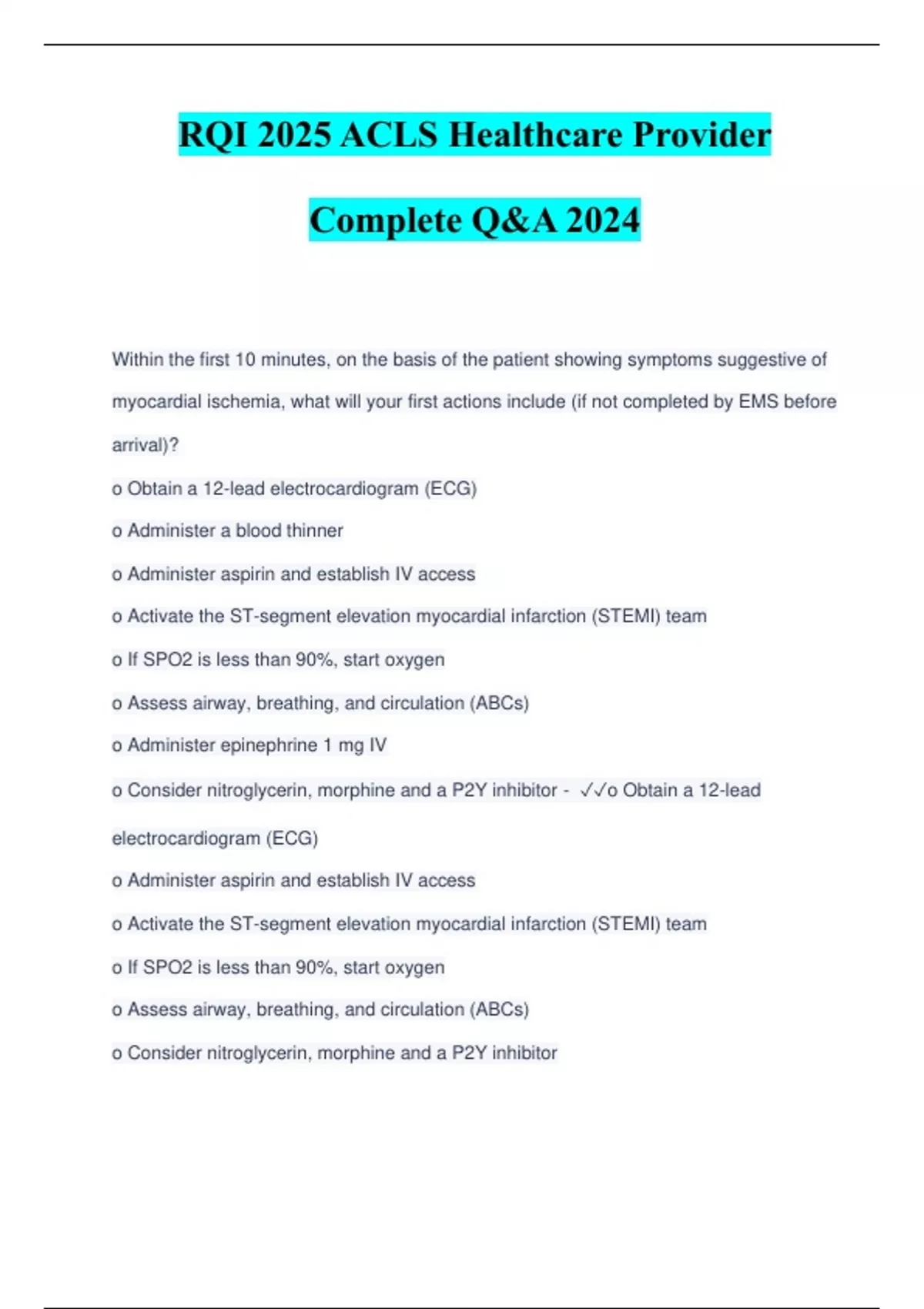 RQI 2025 ACLS Healthcare Provider Complete Q&A 2024 - RQI 2025 ACLS