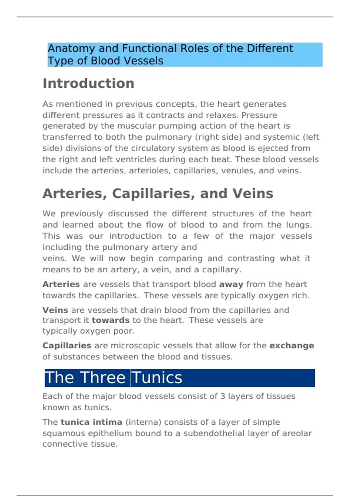 BIOS 255 Week 3 Concepts I The Cardiovascular System- Blood Vessels ...