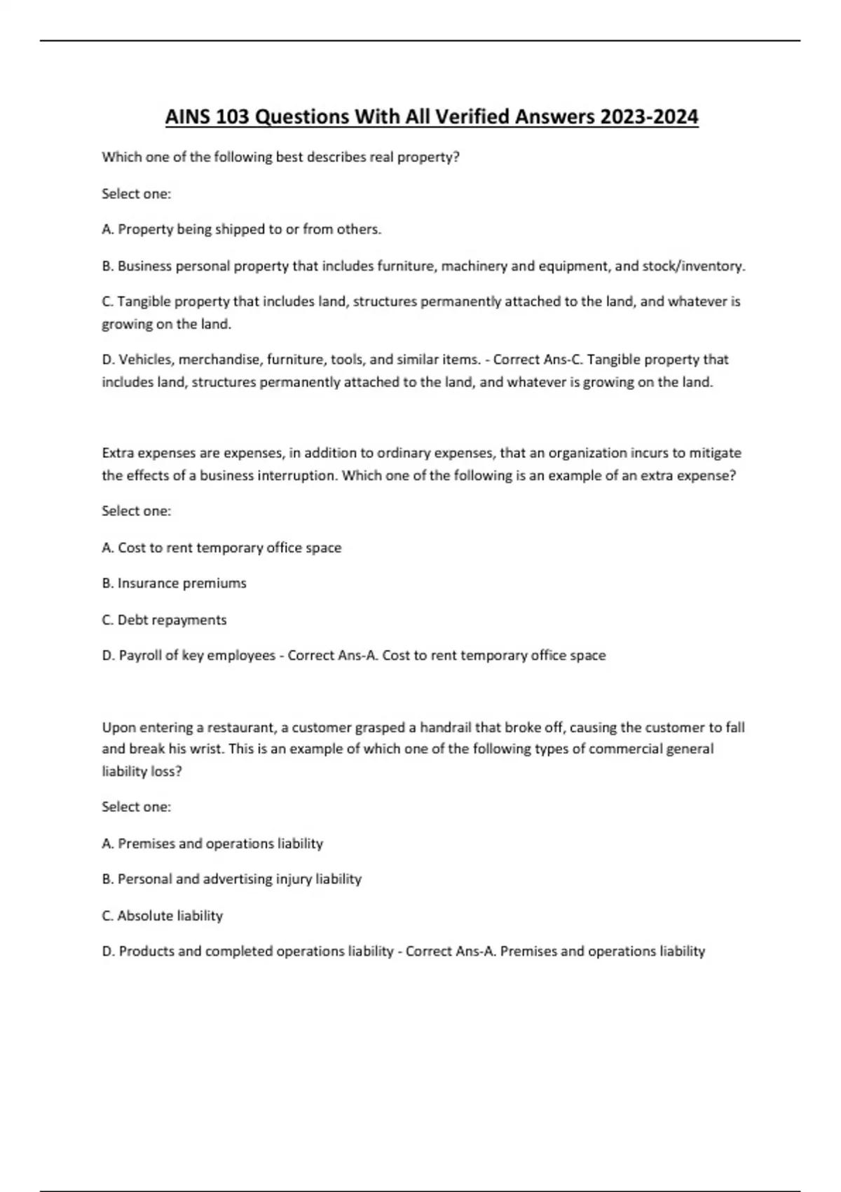 AINS 103 Questions With All Verified Answers - AINS 103 - Stuvia US