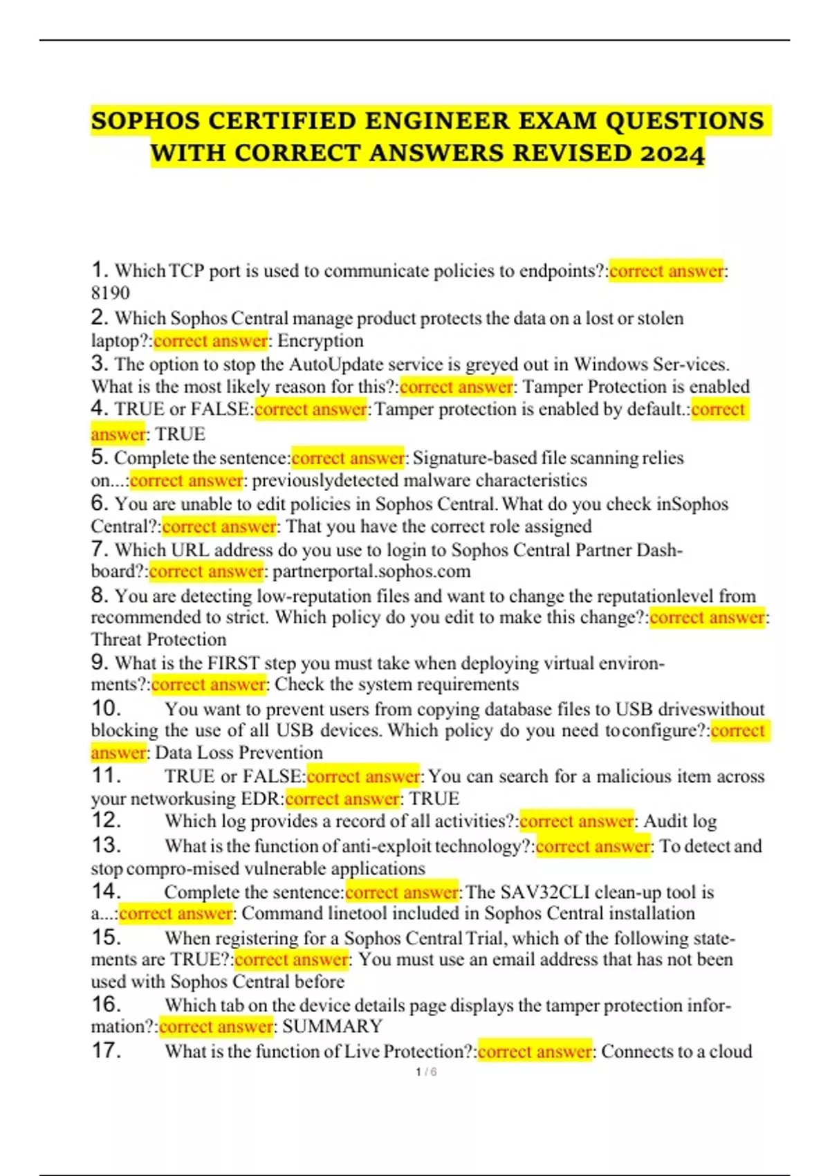 SOPHOS CERTIFIED ENGINEER EXAM QUESTIONS WITH CORRECT ANSWERS REVISED 2024 SOPHOS CERTIFIED