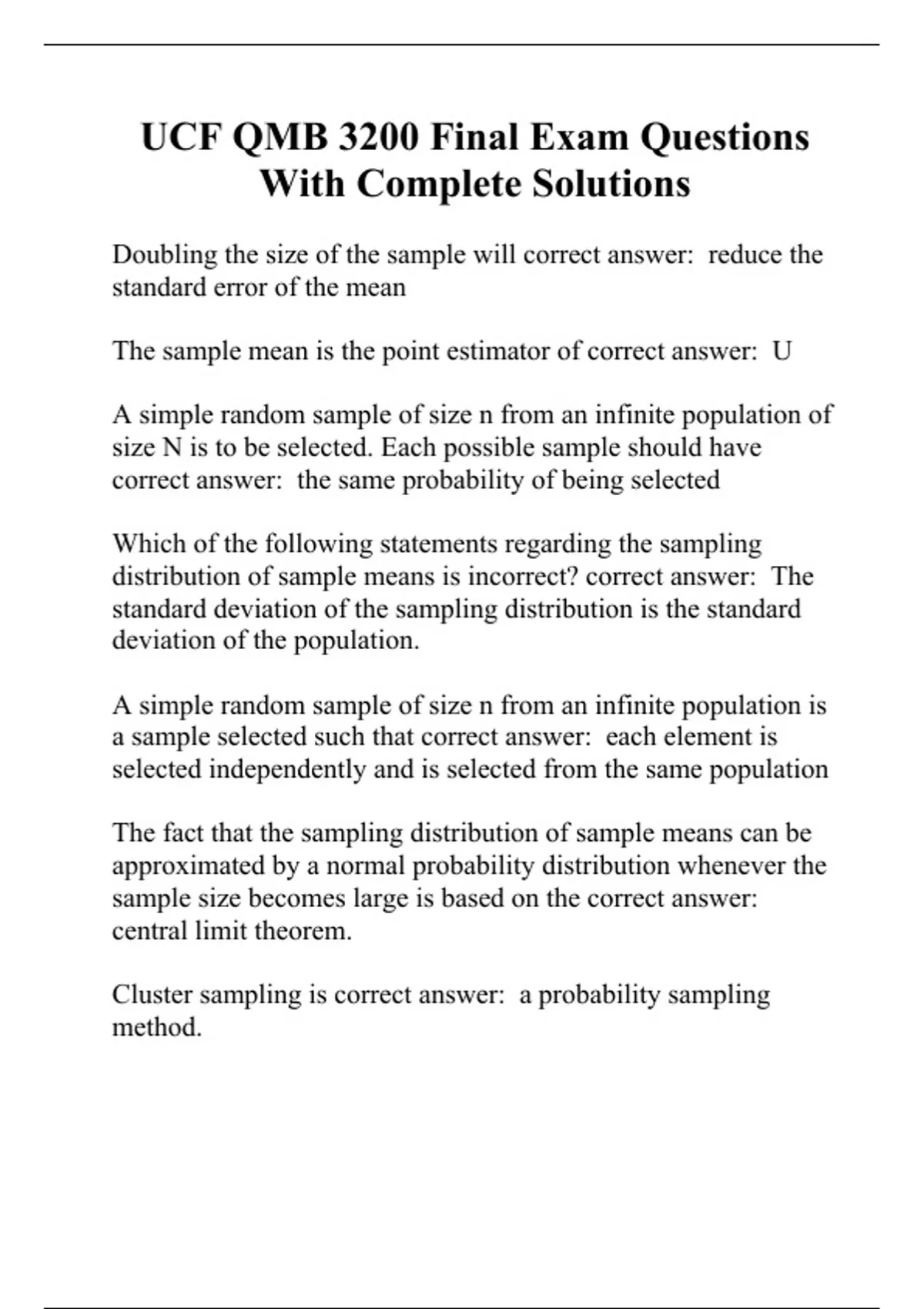 UCF QMB 3200 Final Exam Questions With Complete Solutions Stuvia US