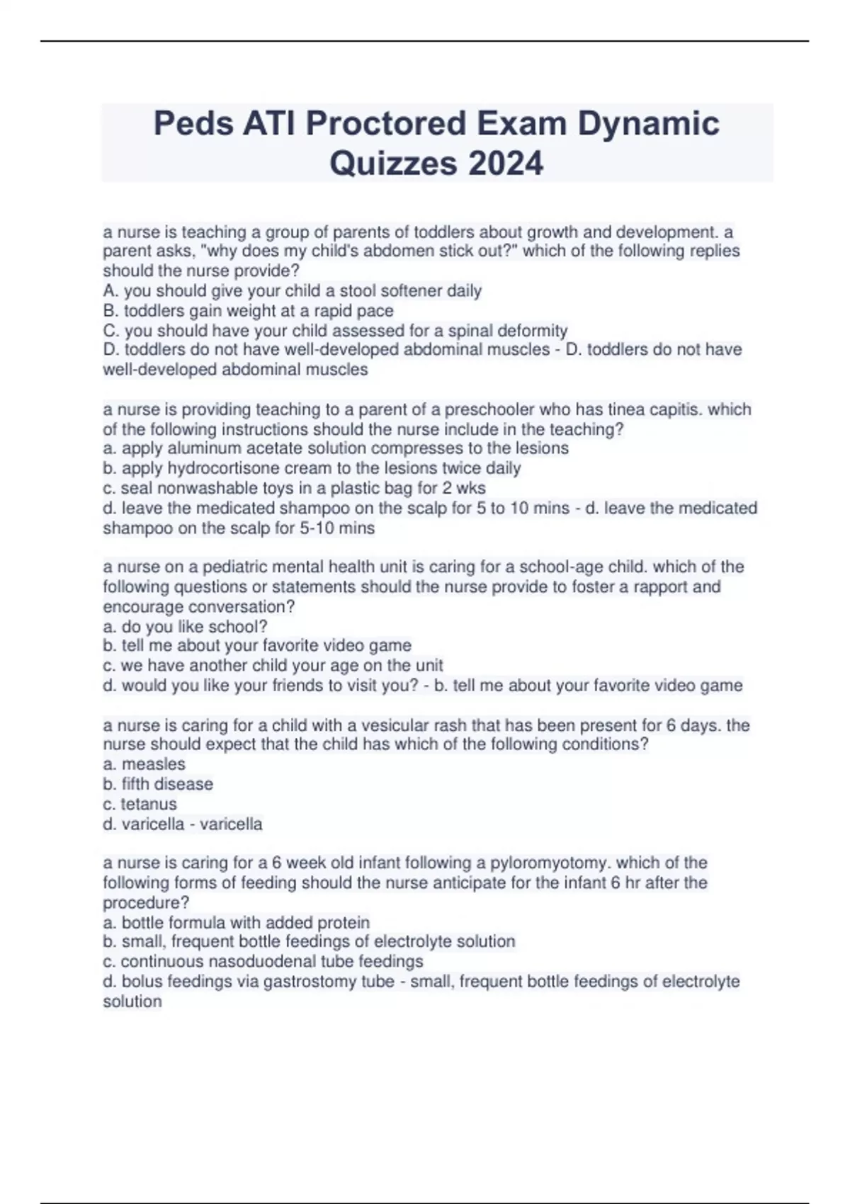 Peds ATI Proctored Exam Dynamic Quizzes 2024 - Peds ATI - Stuvia US