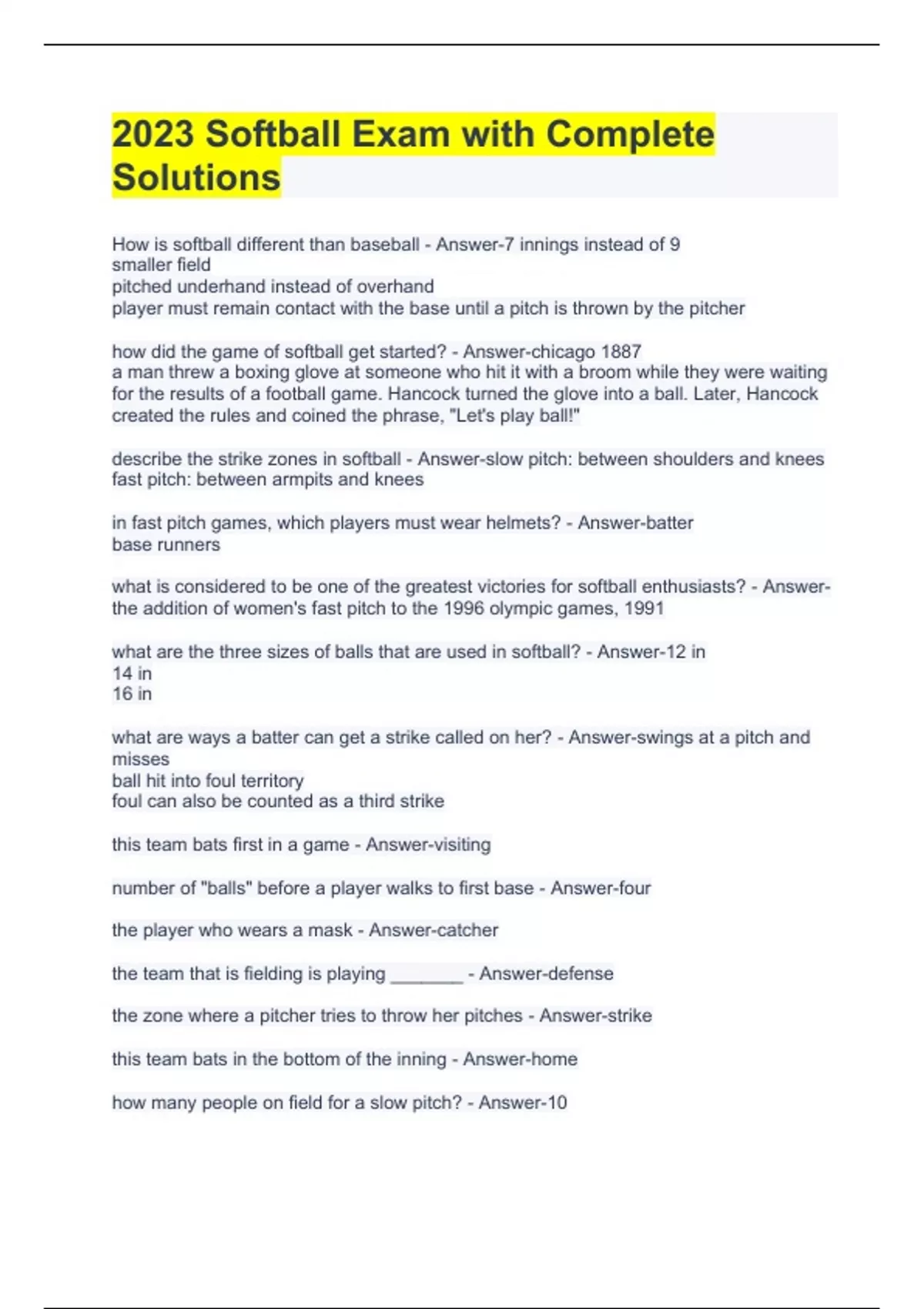 2023 Softball Exam with Complete Solutions Softball Stuvia US