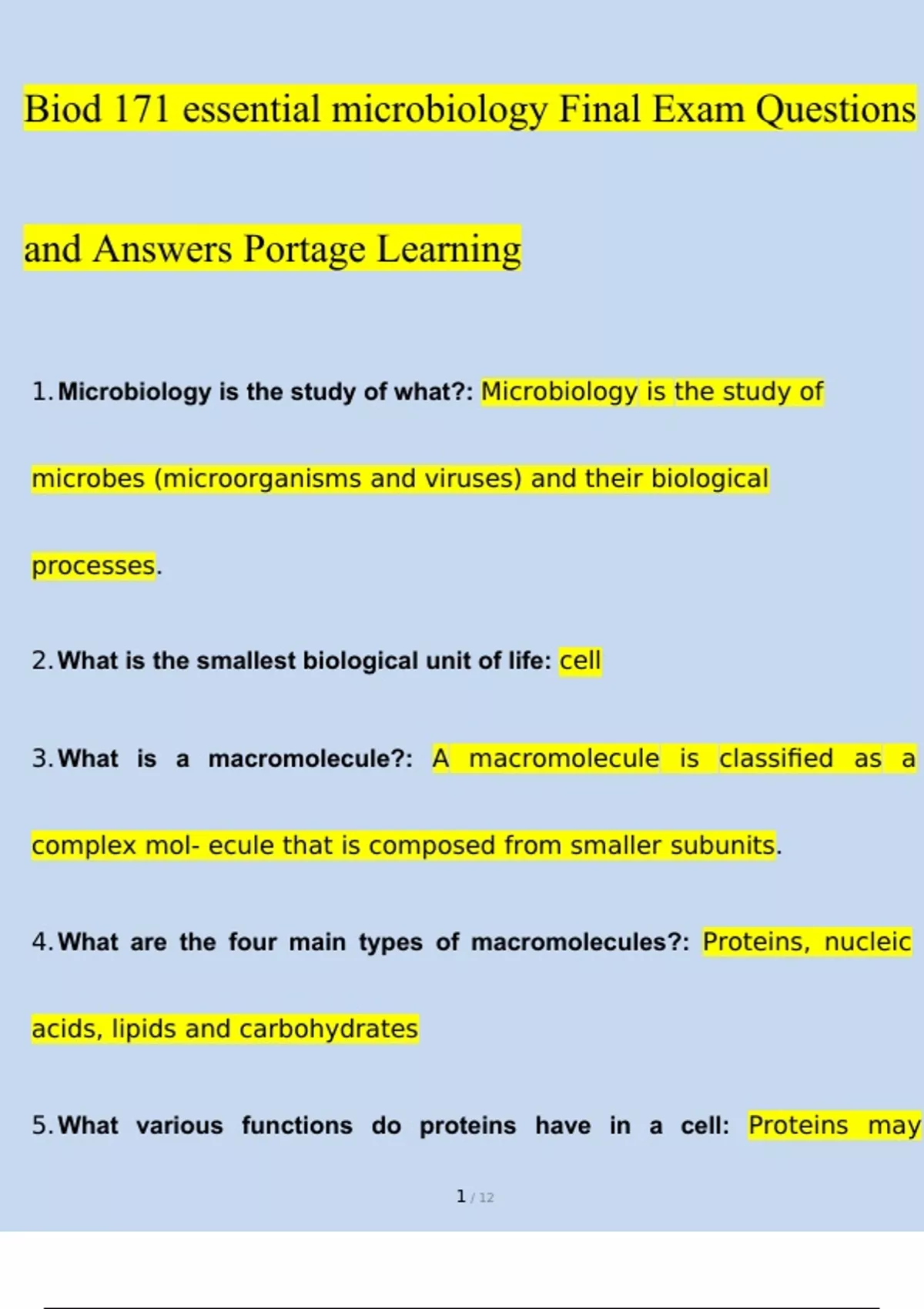 Biod 171 essential microbiology Final Exam Questions and Answers