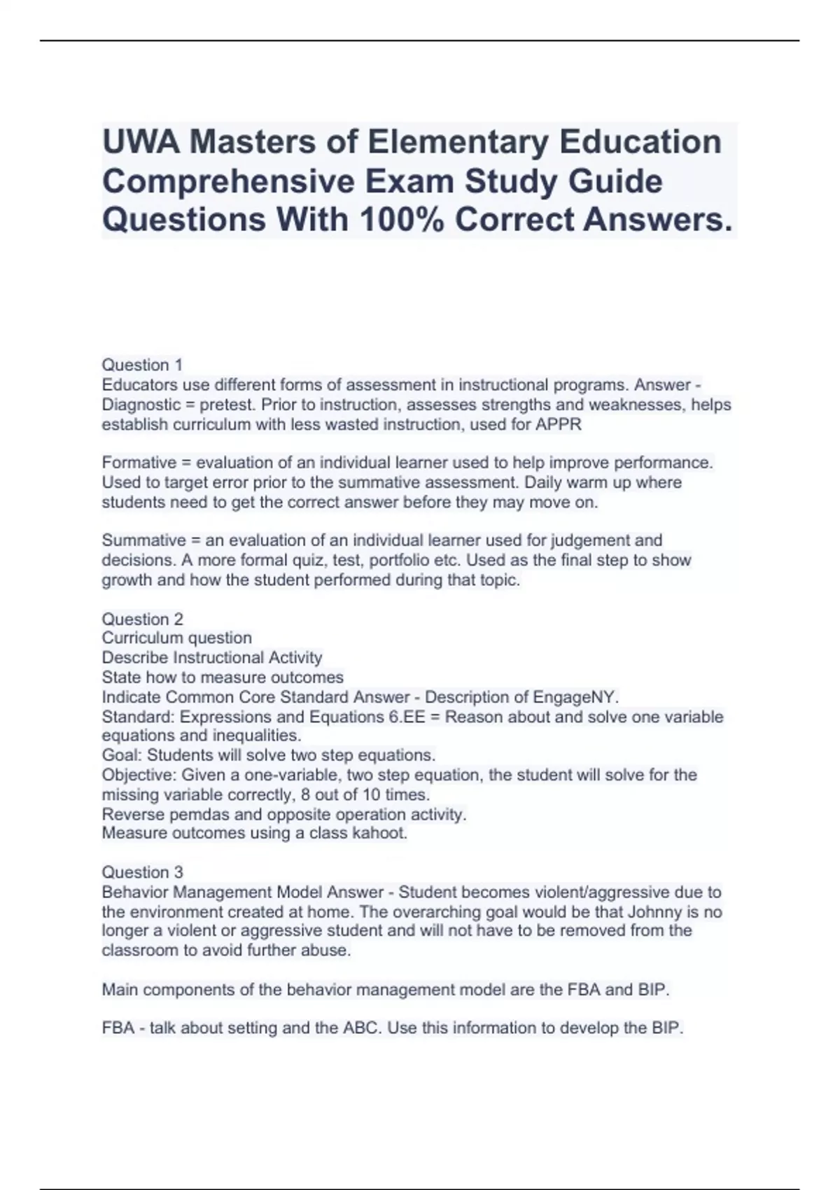 UWA MASTERS OF ELEMENTARY EDUCATION COMPREHENSIVE EXAM STUDY GUIDE ...