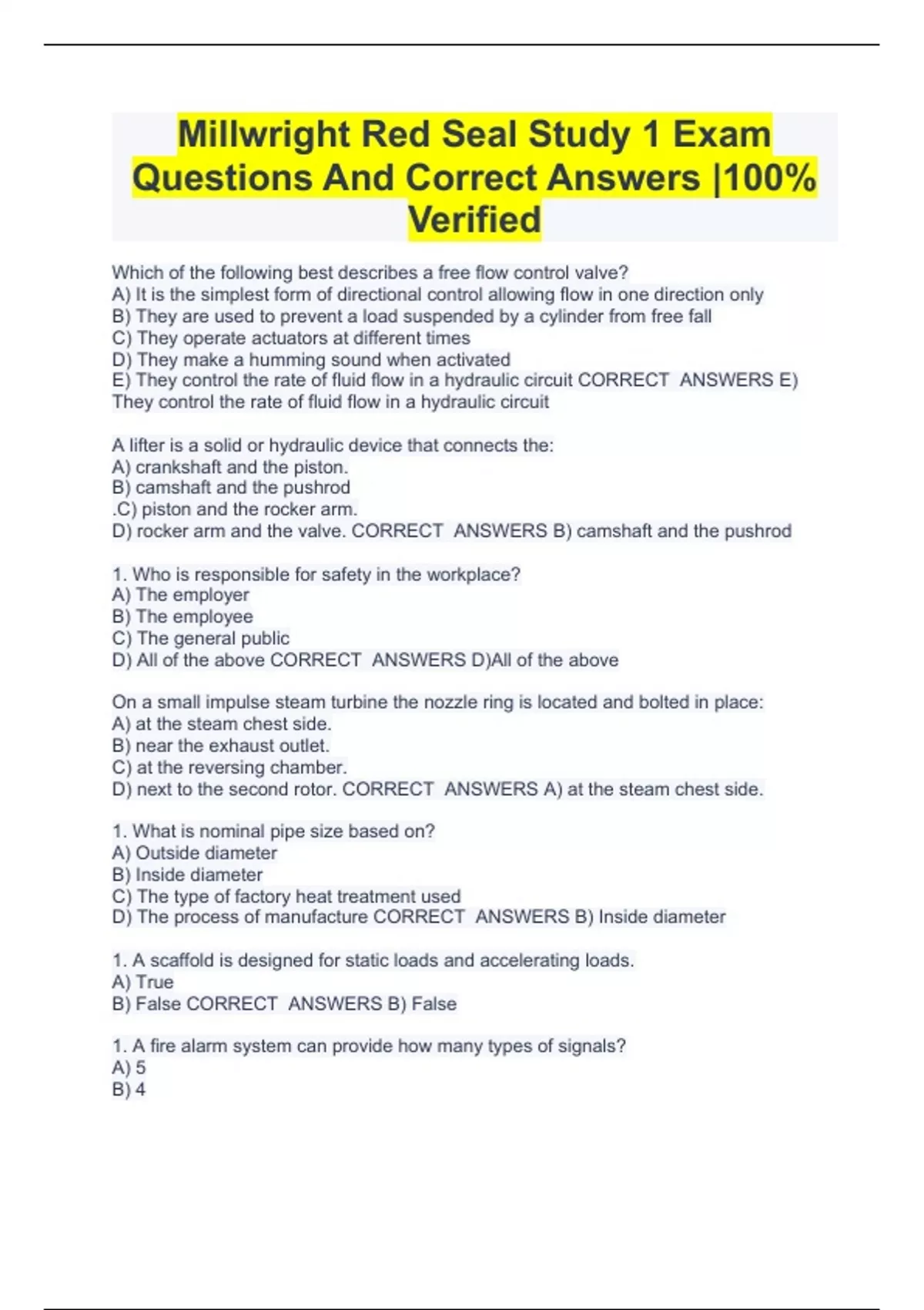 Millwright Red Seal Study 1 Exam Questions And Correct Answers 100