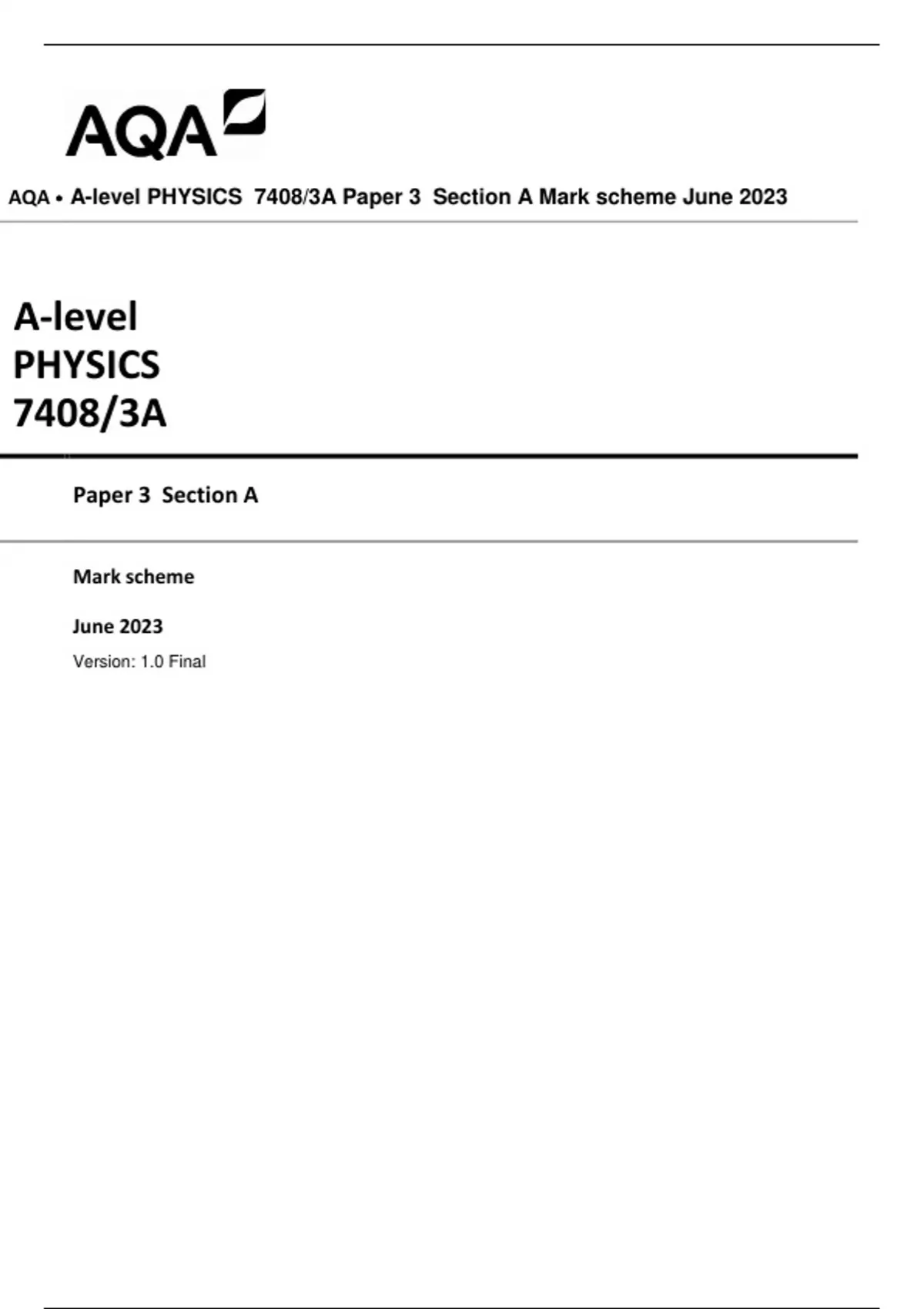 AQA A-level PHYSICS 7408/3A Paper 3 Section A QP AND MS 2023 - Stuvia US