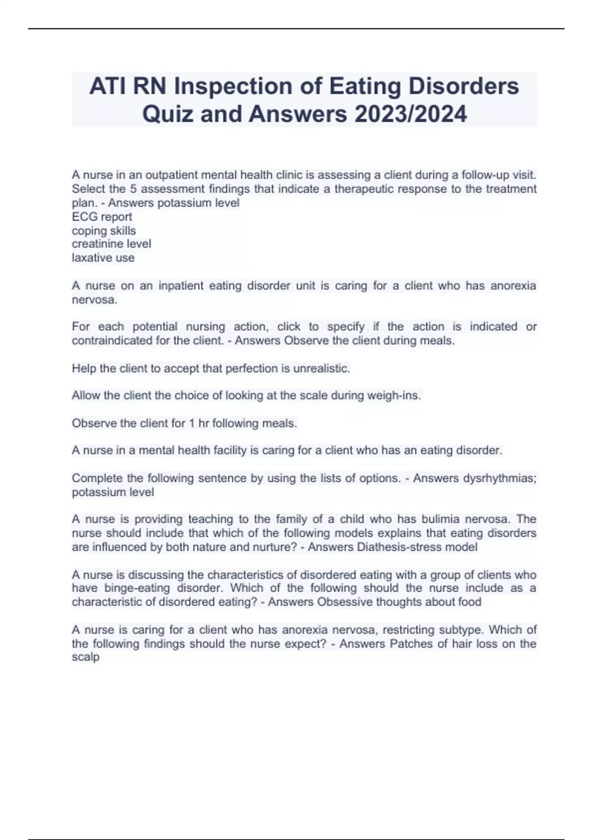 ATI RN Inspection of Eating Disorders Quiz and Answers 2023.docx - ATI ...