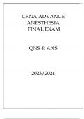 CRNA ADVANCE ANESTHESIA FINAL EXAM QNS & ANS 20232024.