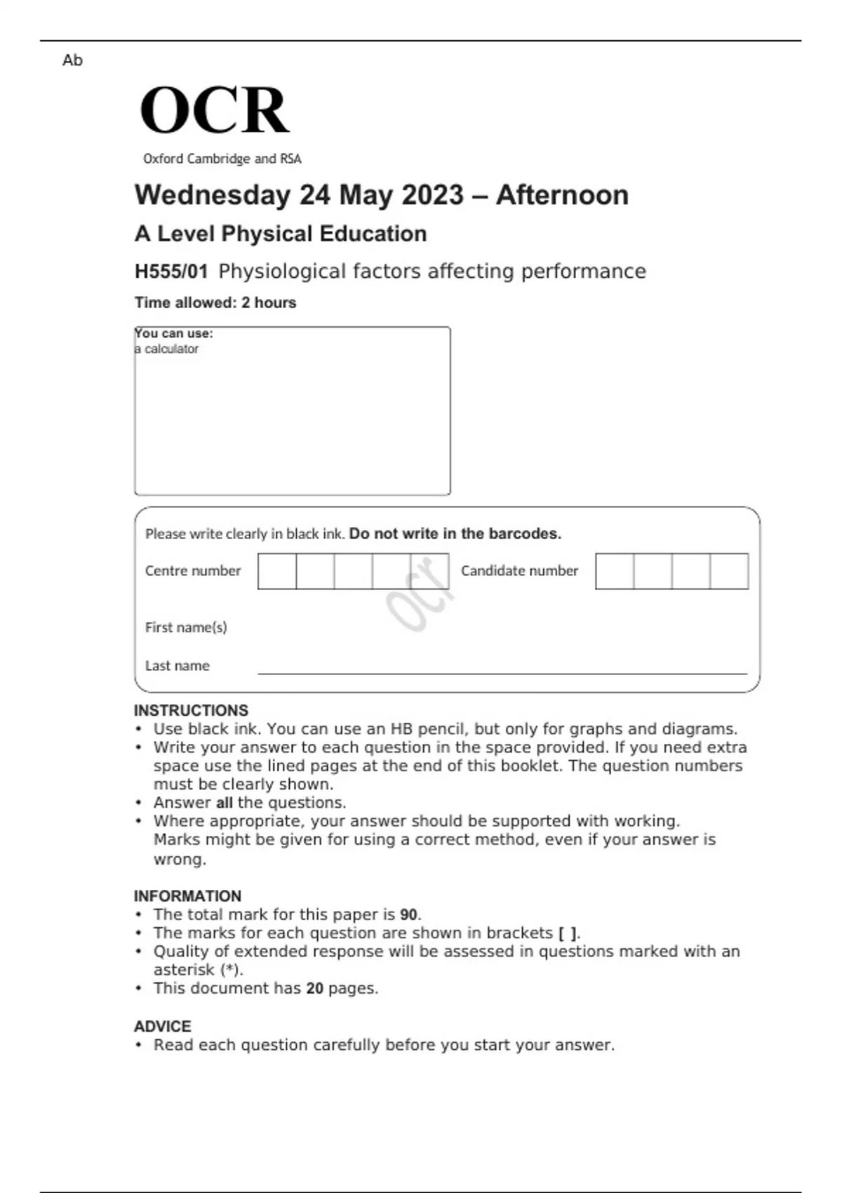 OCR A Level Physical Education H555/01 JUNE 2023 QUESTION PAPER ...