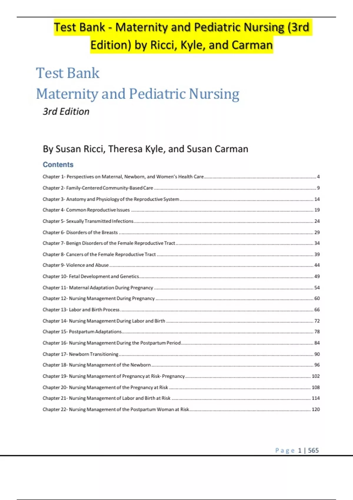 Test Bank Maternity and Pediatric Nursing (3rd Edition) by Ricci