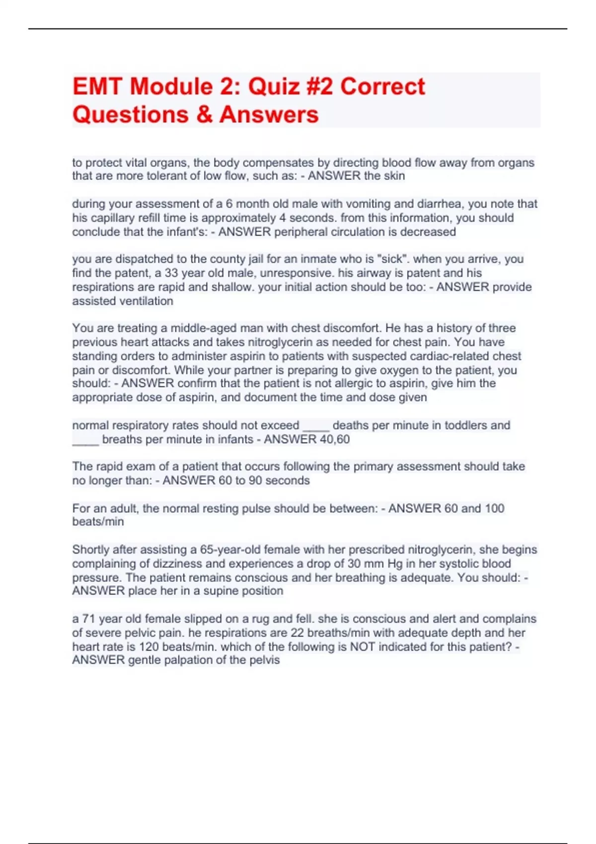 EMT Module 2 Quiz 2 Correct Questions & Answers EMT Stuvia US