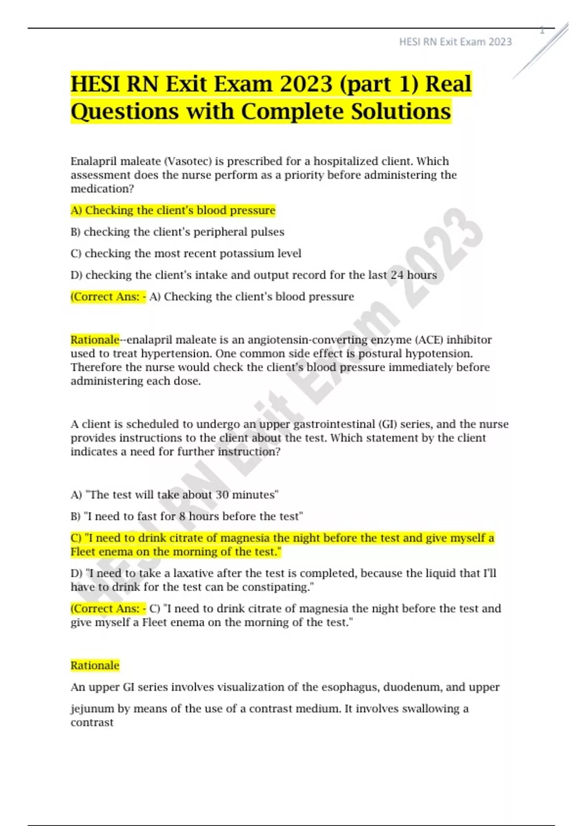 HESI RN Exit Exam 2023 (part 1) Real Questions with Complete Solutions ...