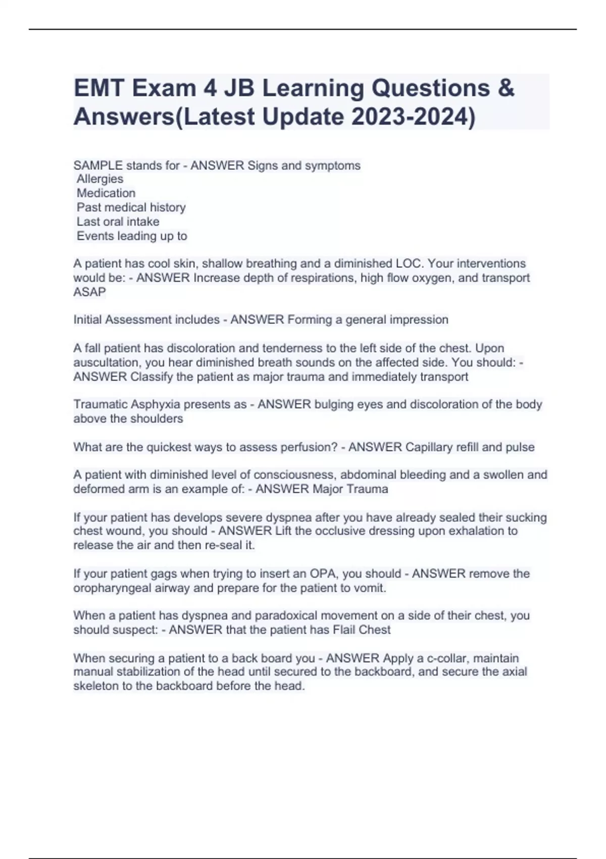 EMT Exam 4 JB Learning Questions & Answers(Latest Update ) Stuvia US