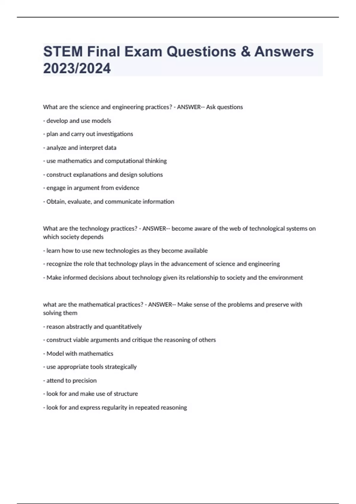 Stem Option Test Example STEM Final Exam Questions & Answers 2023/2024 - STEM - Stuvia US