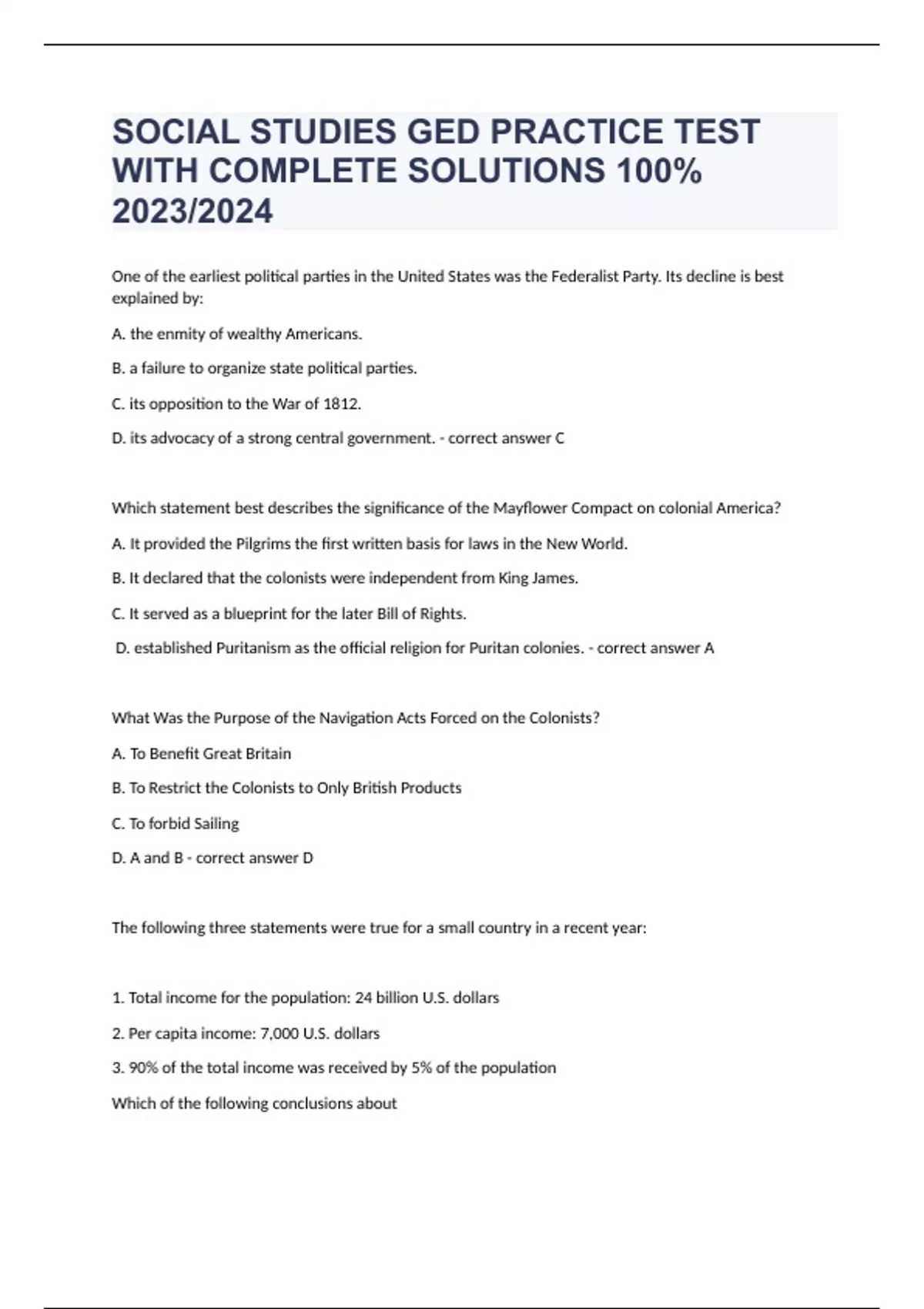 SOCIAL STUDIES GED PRACTICE TEST WITH COMPLETE SOLUTIONS 100 2023/2024