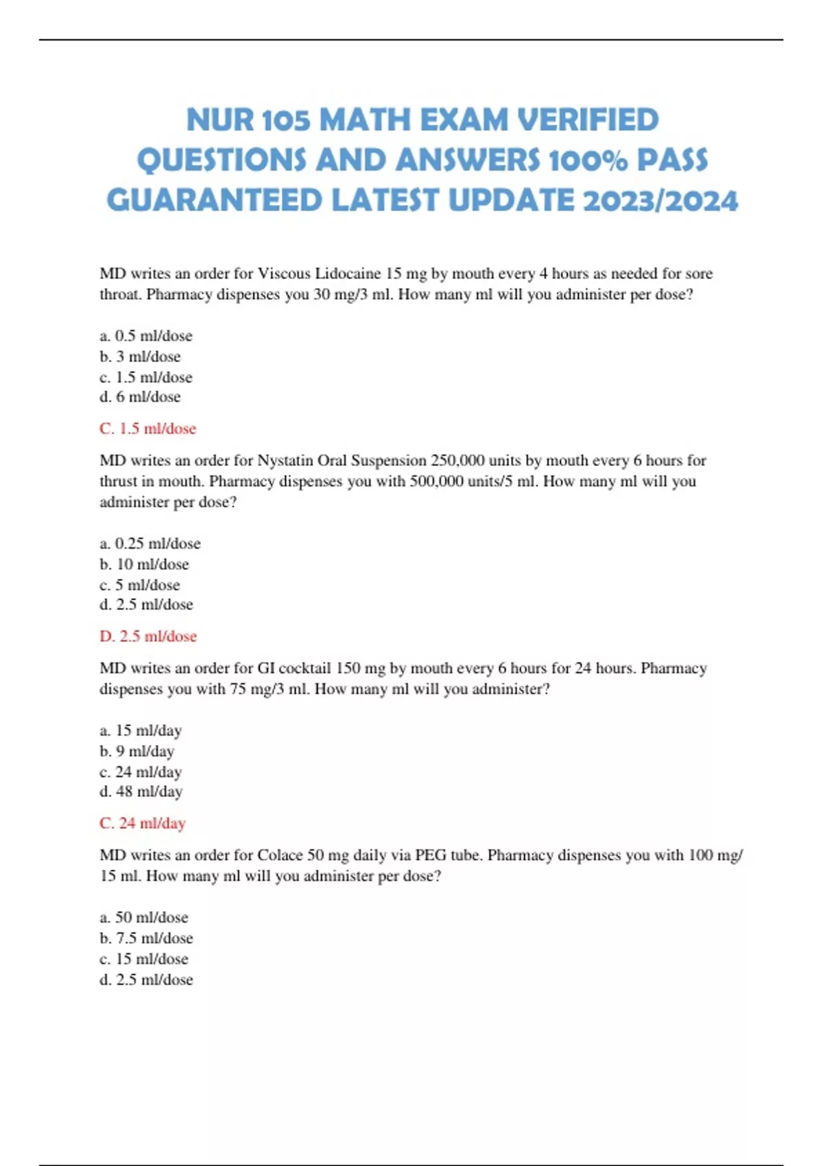 NUR 105 MATH EXAM VERIFIED QUESTIONS AND ANSWERS 100% PASS GUARANTEED ...
