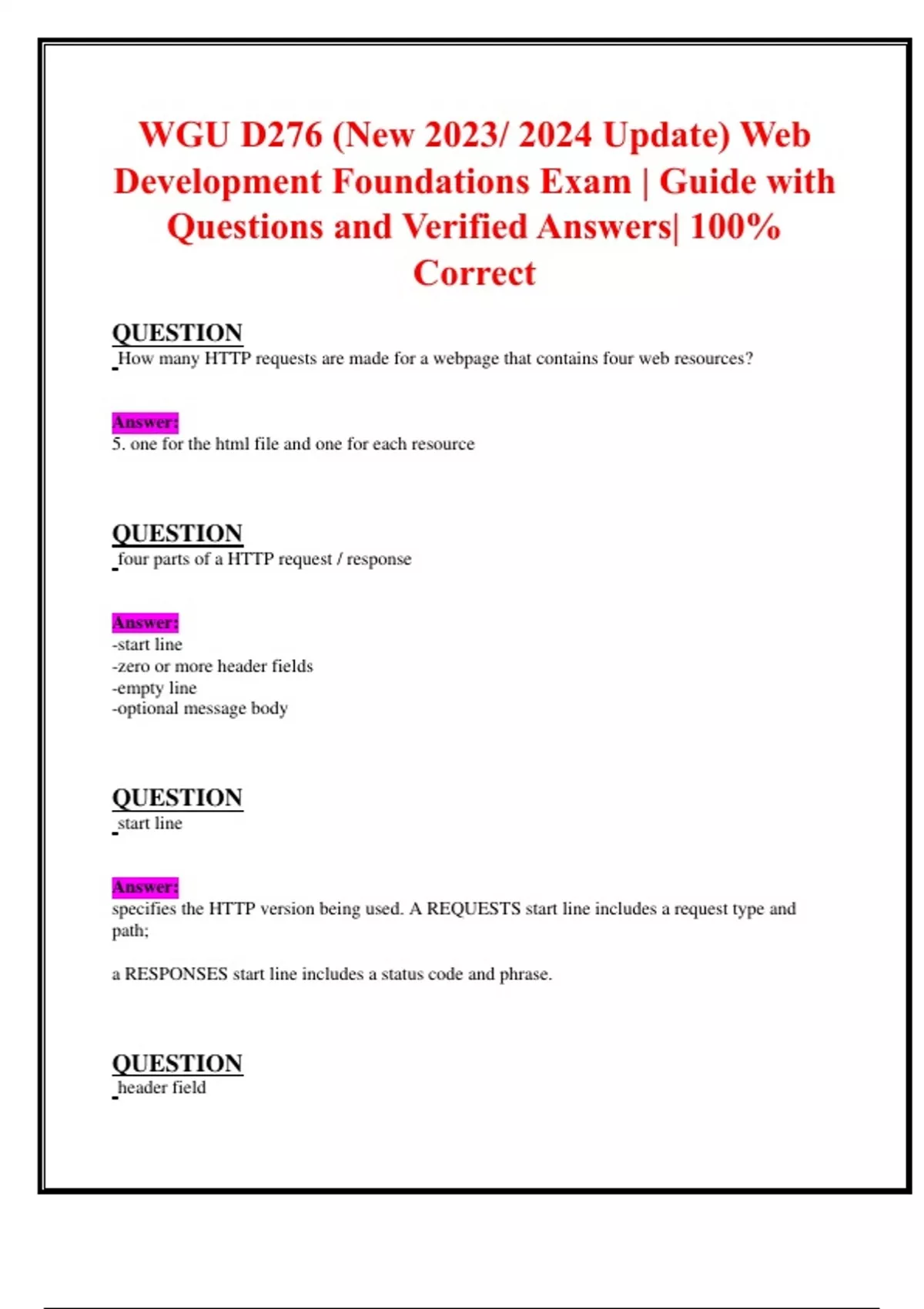 WGU D276 (New 2023/ 2024 Update) Web Development Foundations Exam ...