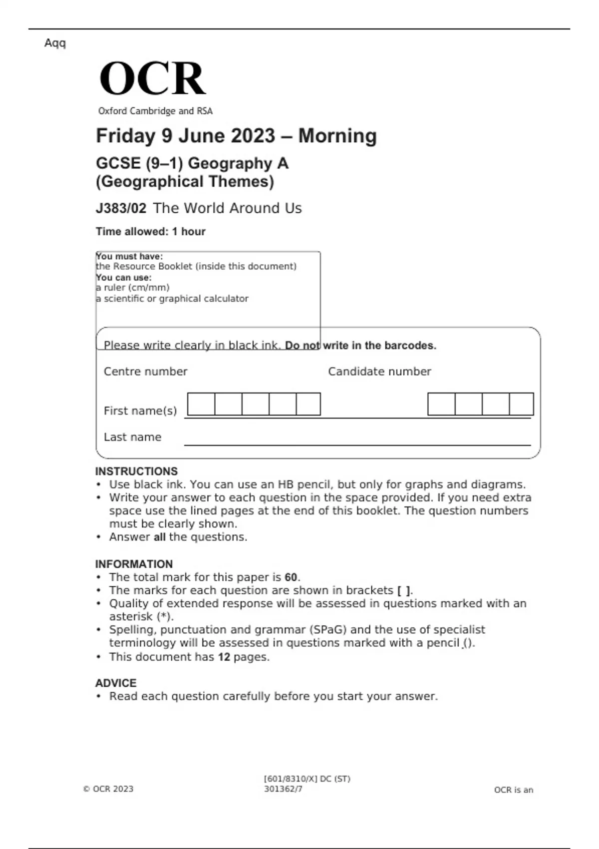 OCR GCSE (9–1) Geography A (Geographical Themes) PAPER 1, 2 and 3 JUNE ...