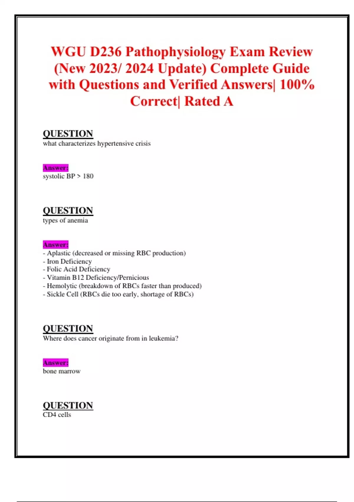 WGU D236 Pathophysiology Exam Review (New 2023/ 2024 Update) Complete ...