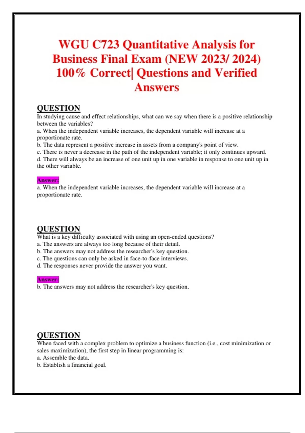 WGU C723 Quantitative Analysis for Business Final Exam (NEW 2023/ 2024 ...
