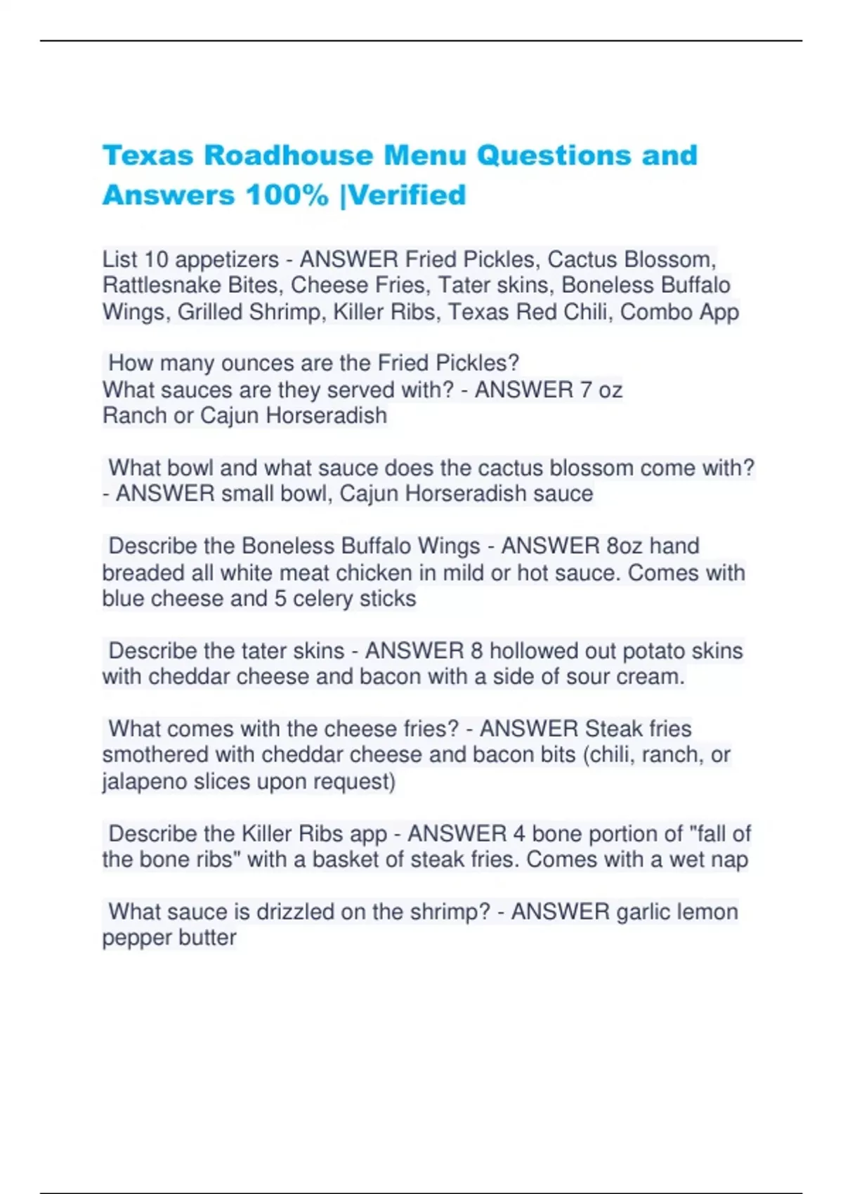 Menu Questions Texas Roadhouse Menu Questions and Answers 100% |Verified - Texas ...
